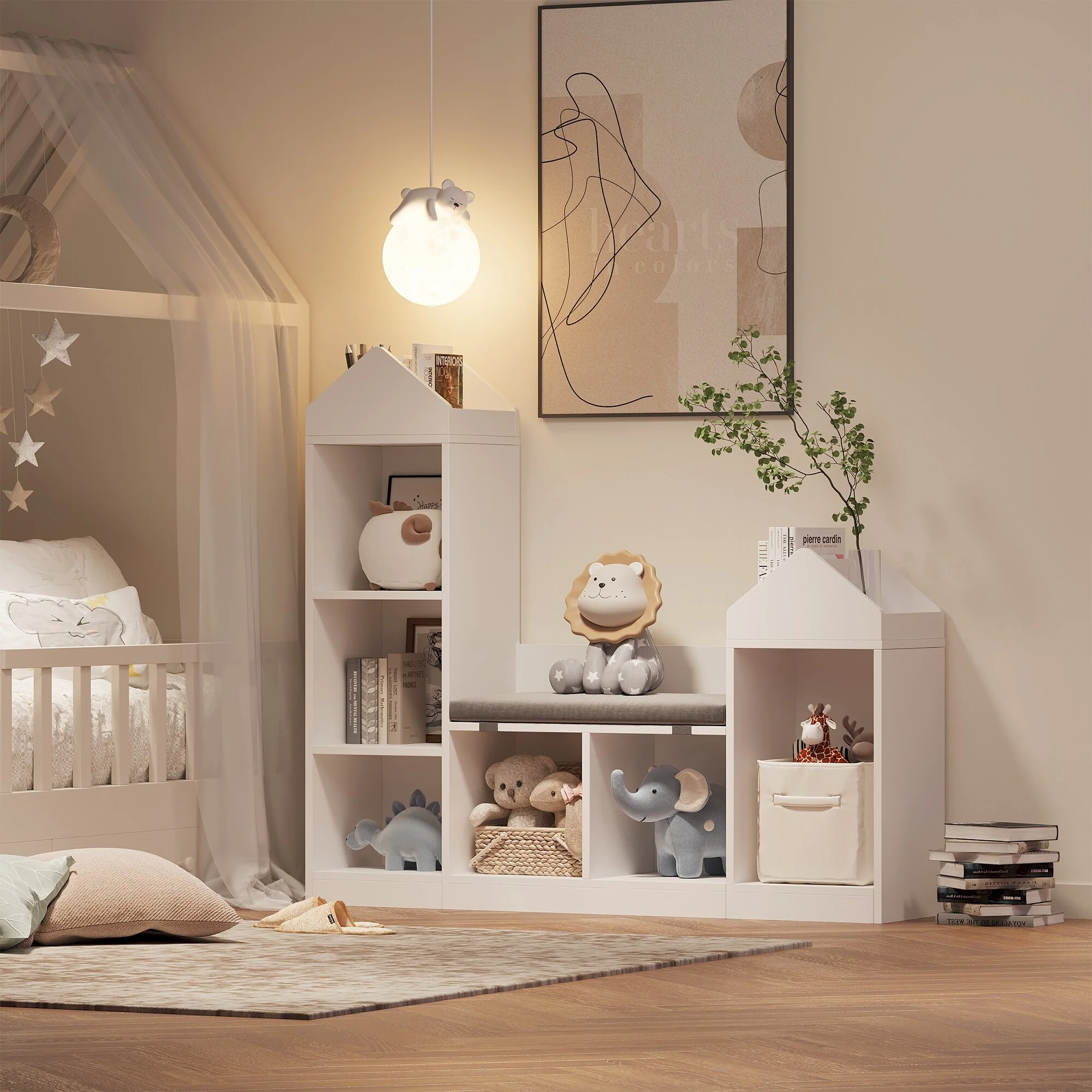 Kids Bookshelf Children Bookcase 6-Cubby Toy Storage Organizer Seat Cushion Storage Bench