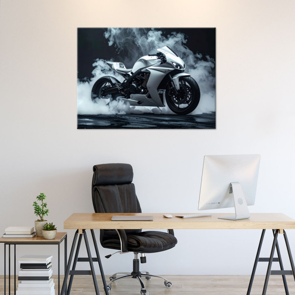 Obraz do pokoju młodzieżowego, Motocykł sportowy ścigacz biały 30x20