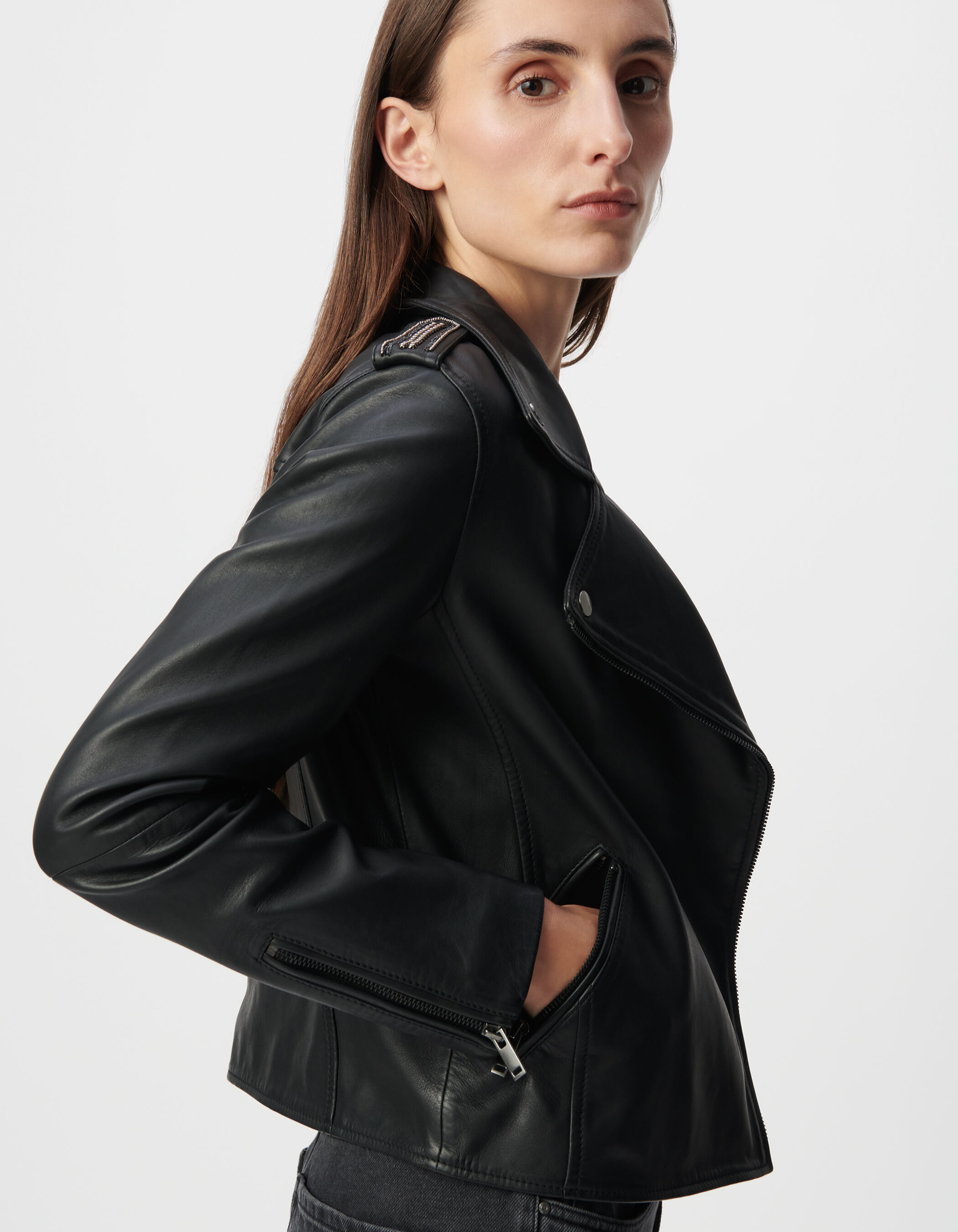 Blouson noir cuir esprit motard capuche amovible Femme