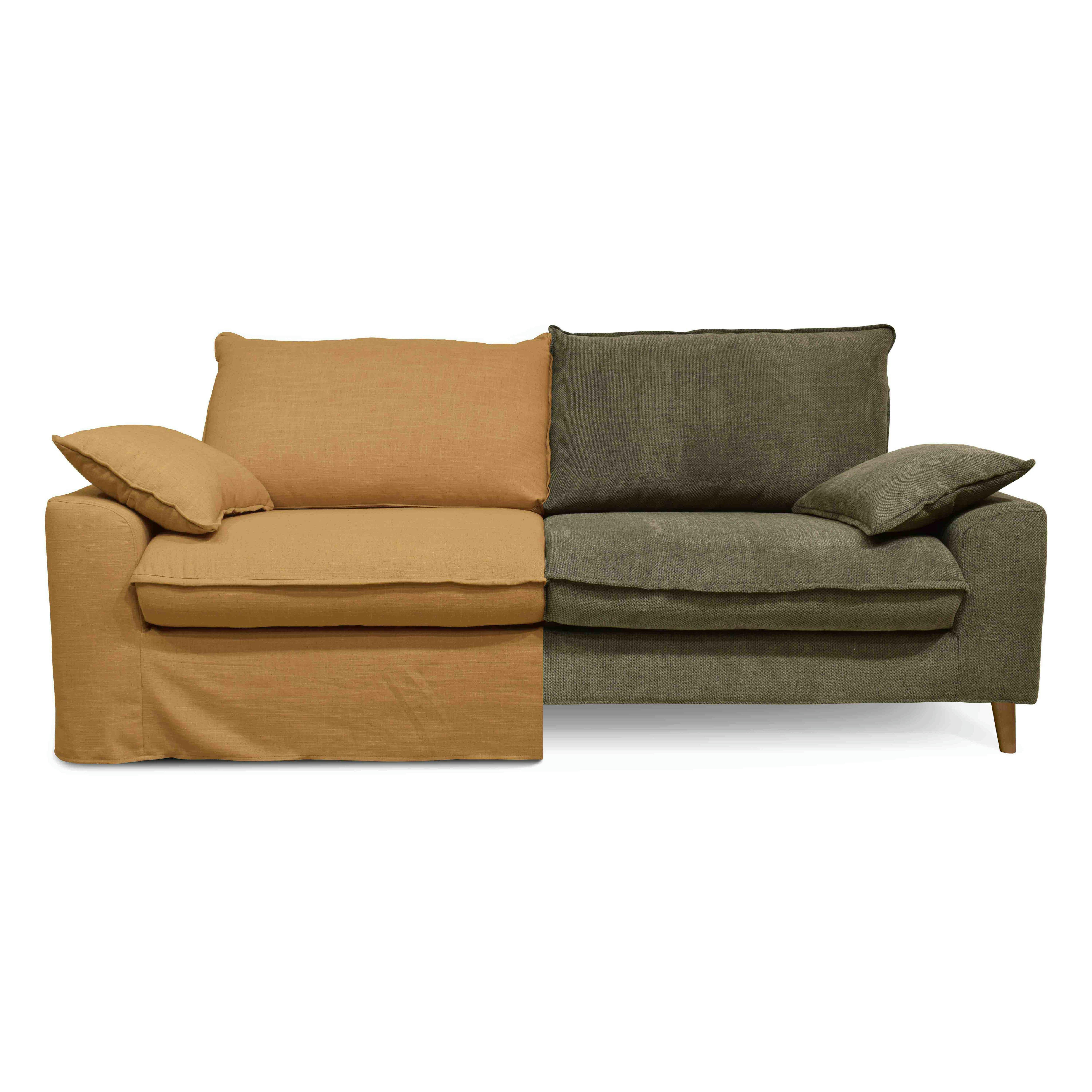 JAROD - Canapé tissu lin ocre + housse supplémentaire tissu chiné vert kaki