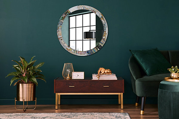 Miroir Cercle Ovale Motif Décoratif Wallfluent fi80 cm Vitrail Salle de Bain Scandinave