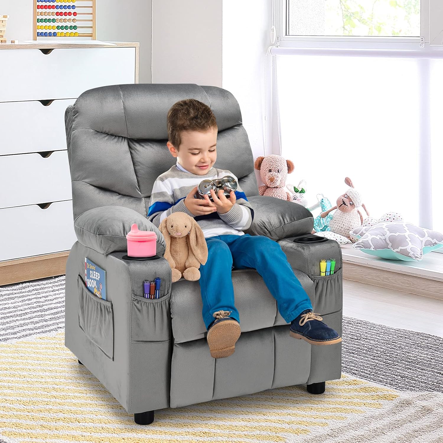 MAT EXPERT Kids Recliner, Velvet Adjustable Reading Chair w/ 2 Cup Holder, 3 Side Pocket Storage & Footrest, Kids Couch Gaming Chair, Toddler Lounge Chair for Boys Girls, Kids Room Playroom (Grey)