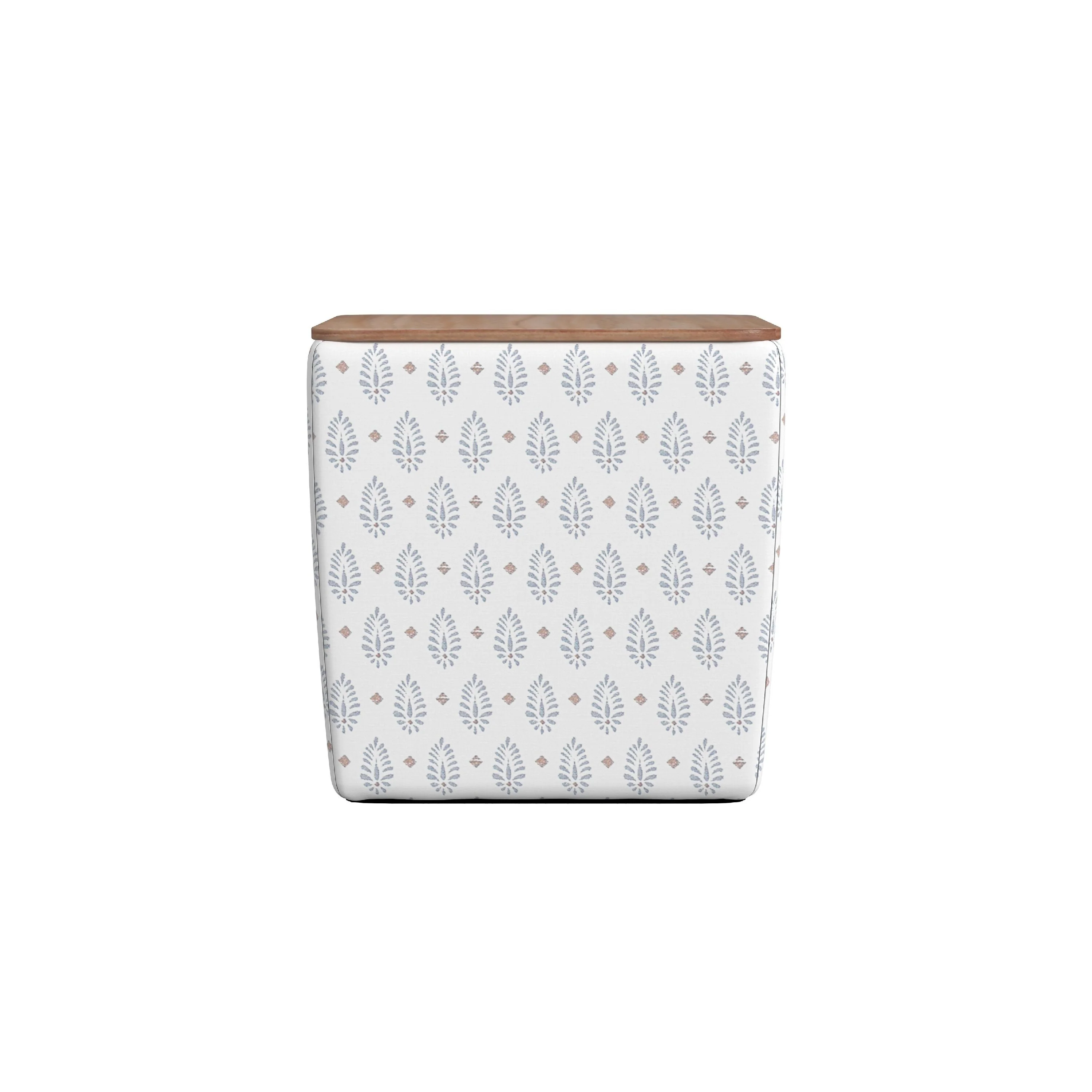 Mody Accent Ottoman, 19 Inch Brown Wood Lift Top, White Pattern Fabric