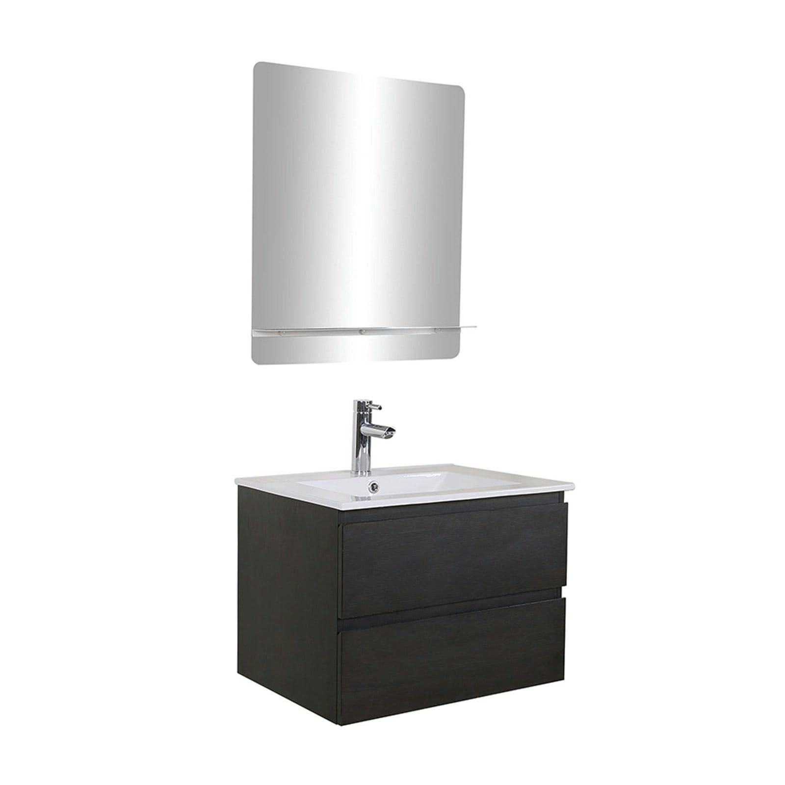 SORRENTO - Meuble simple vasque 60cm  Noir + vasque + robinet chromé + miroir