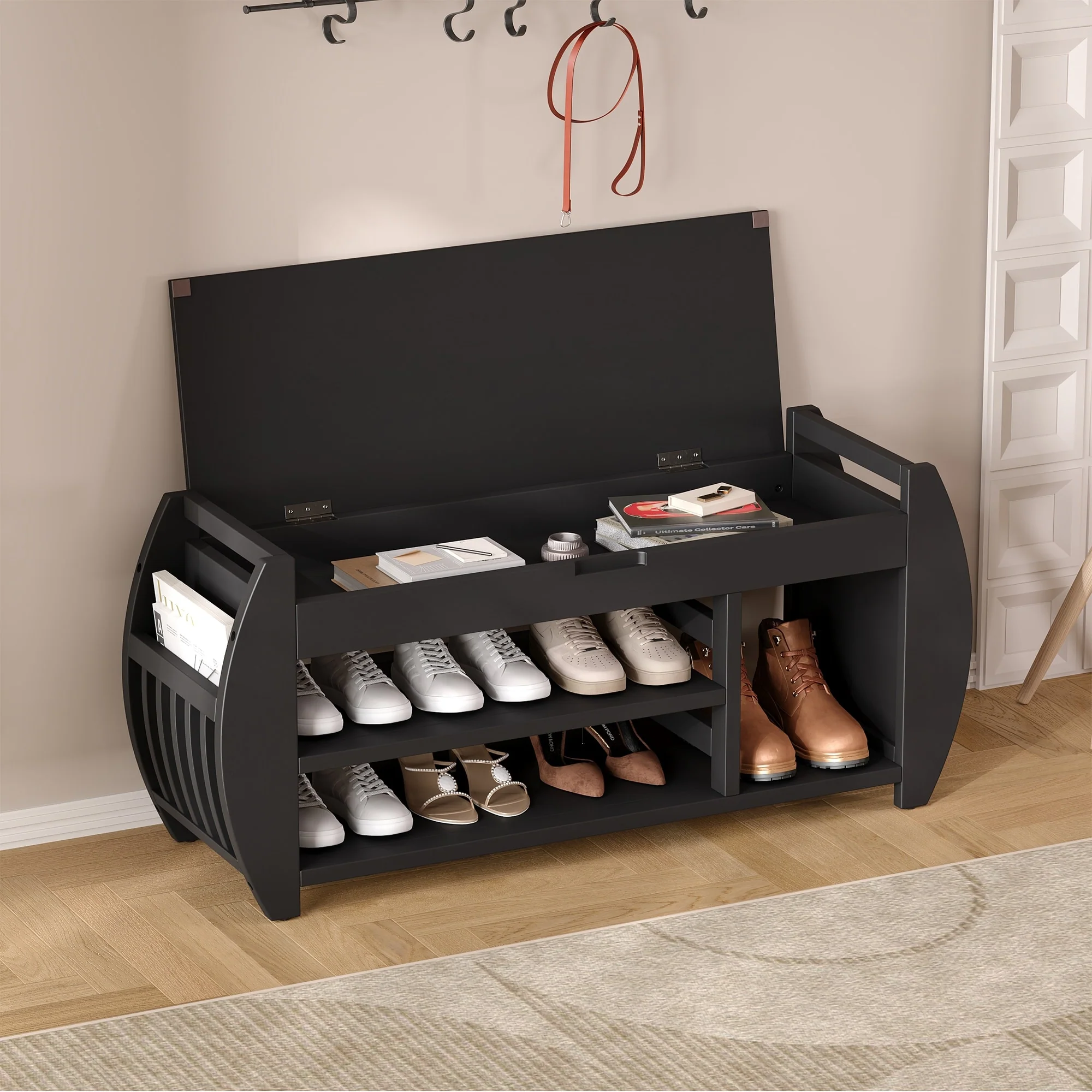 Retro Multifunctional Storage Bench with Cushion and Curved Side Panel for Entrance and Living room