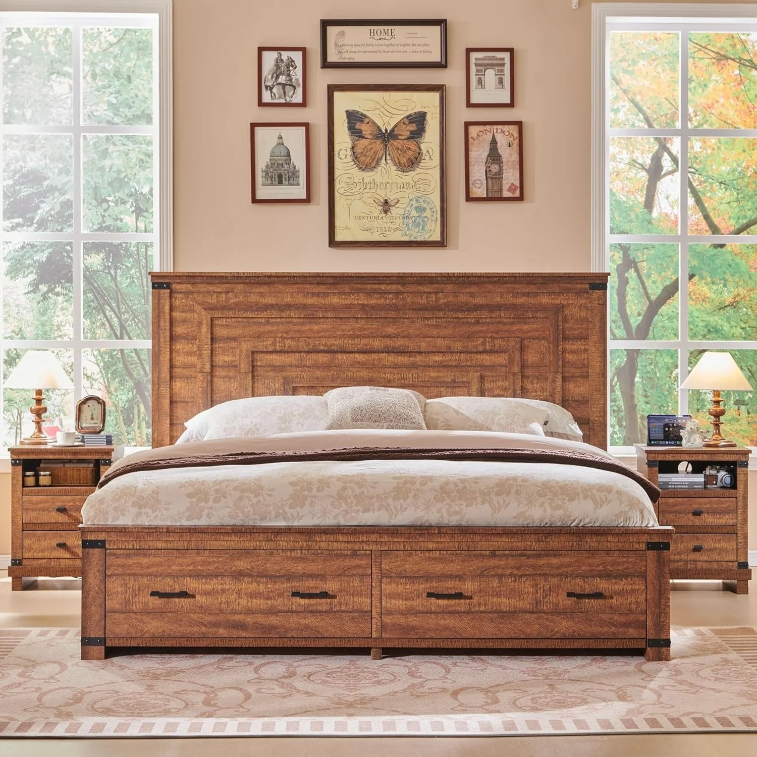 Farmhouse Wood Bed Frame with 54 Tall Headboard, 2 Large Drawers