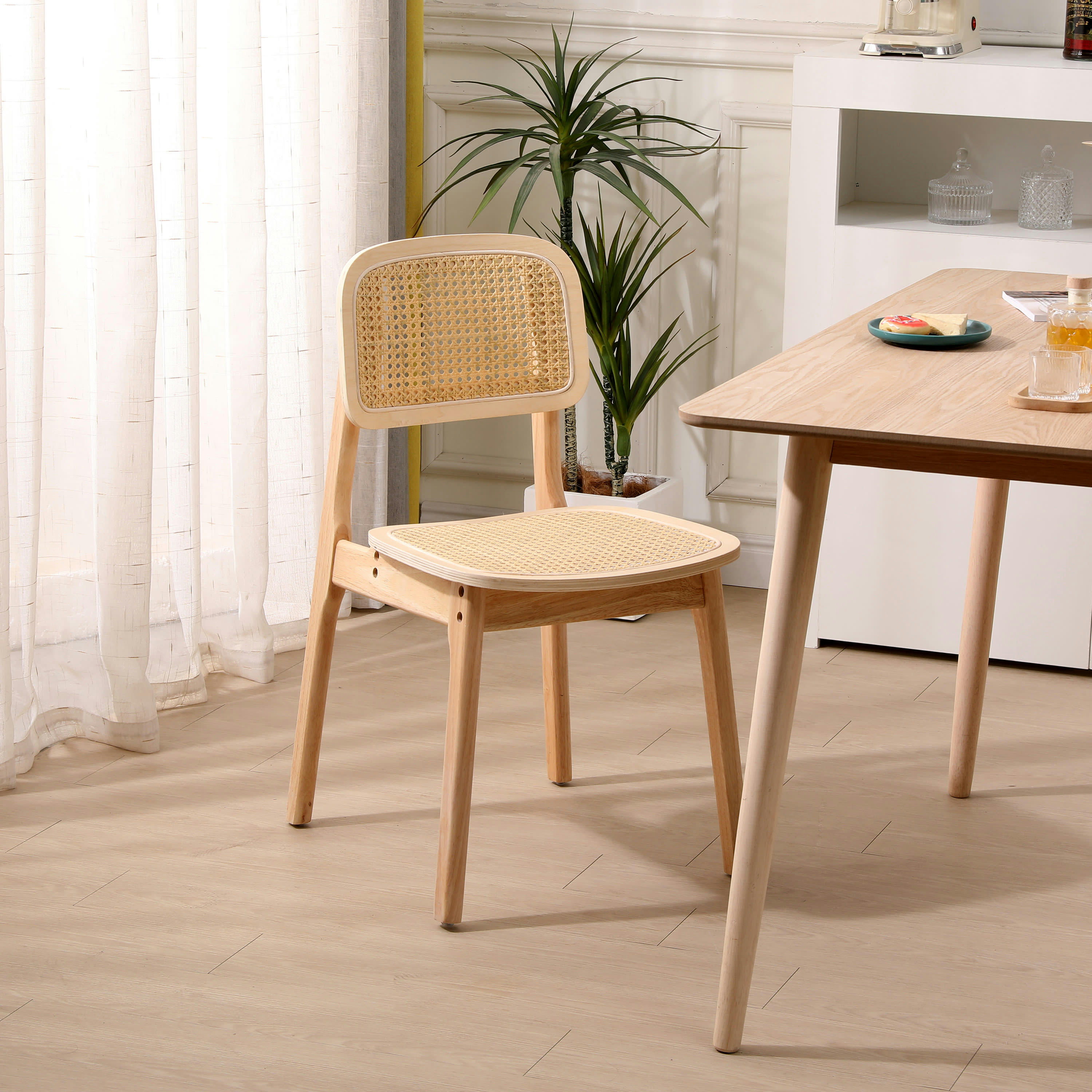 - Lot de 2 chaises en bois massif et rotin naturel