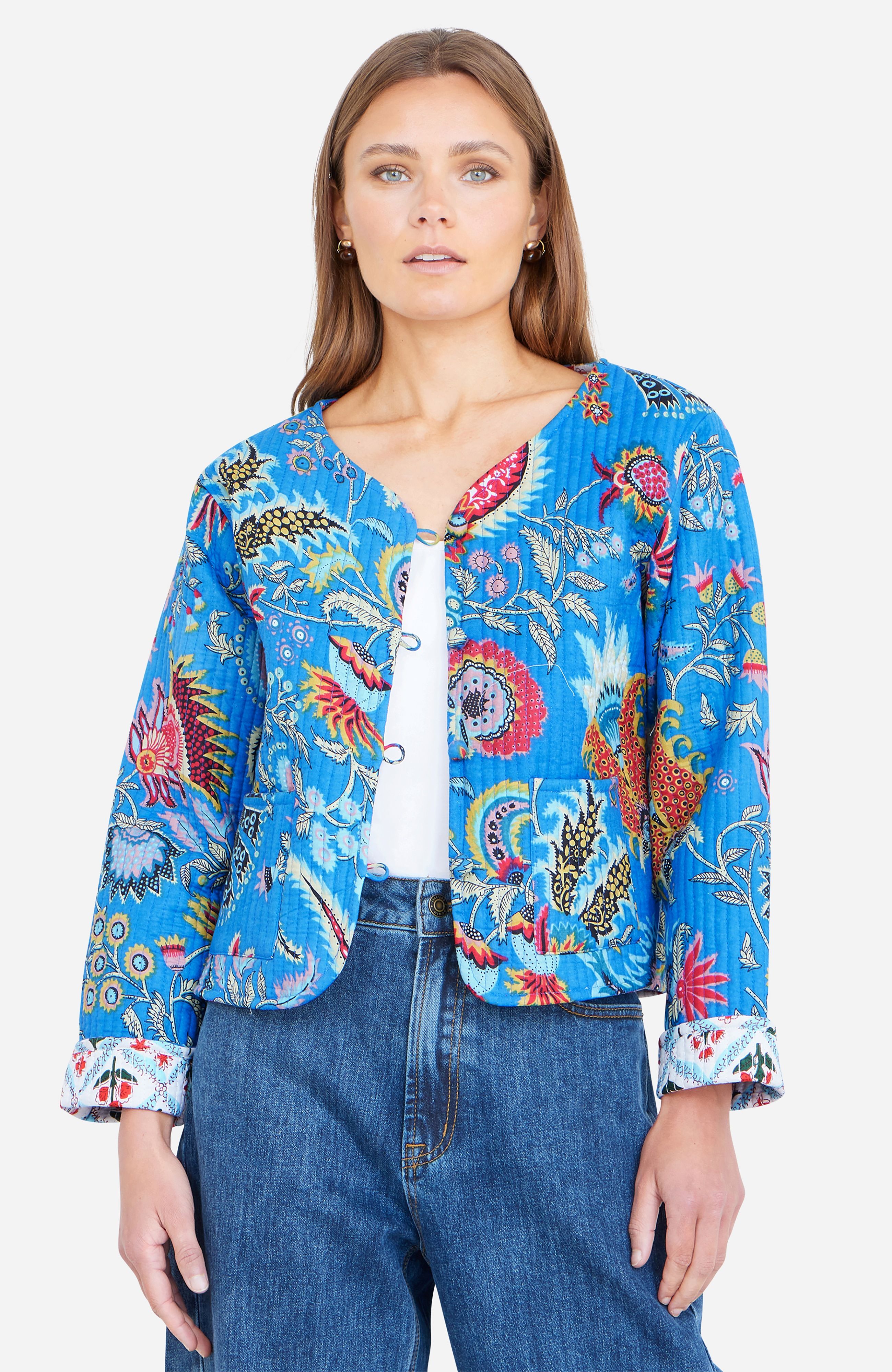 Yumi Blue Boho Print Cotton Reversible Quilted Jacket