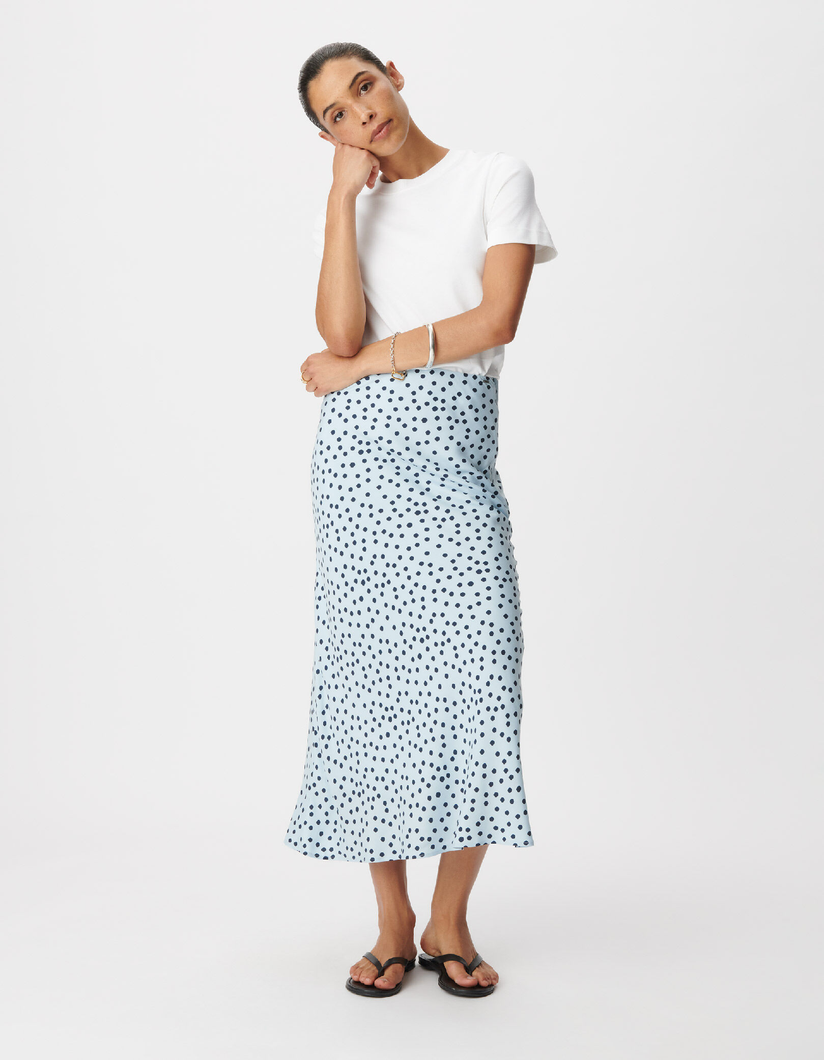 Jupe longue bleu ciel imprimé pois Femme