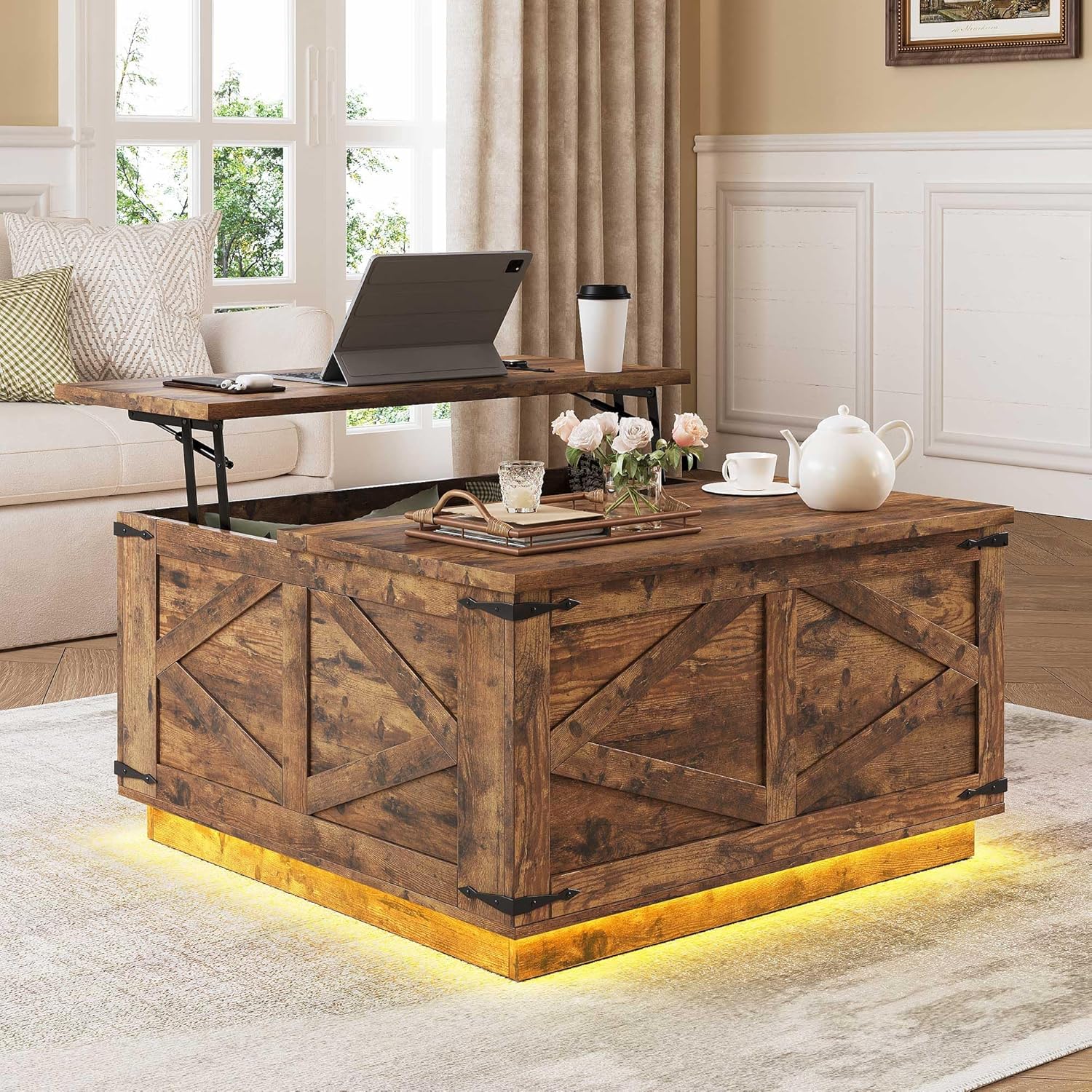 Jocoevol Farmhouse Lift Top Coffee Table, Square Wood Center Table with LED Lighting, USB-C Charging Station, and Hidden Storage Compartment - Rustic Brown Living Room Furniture