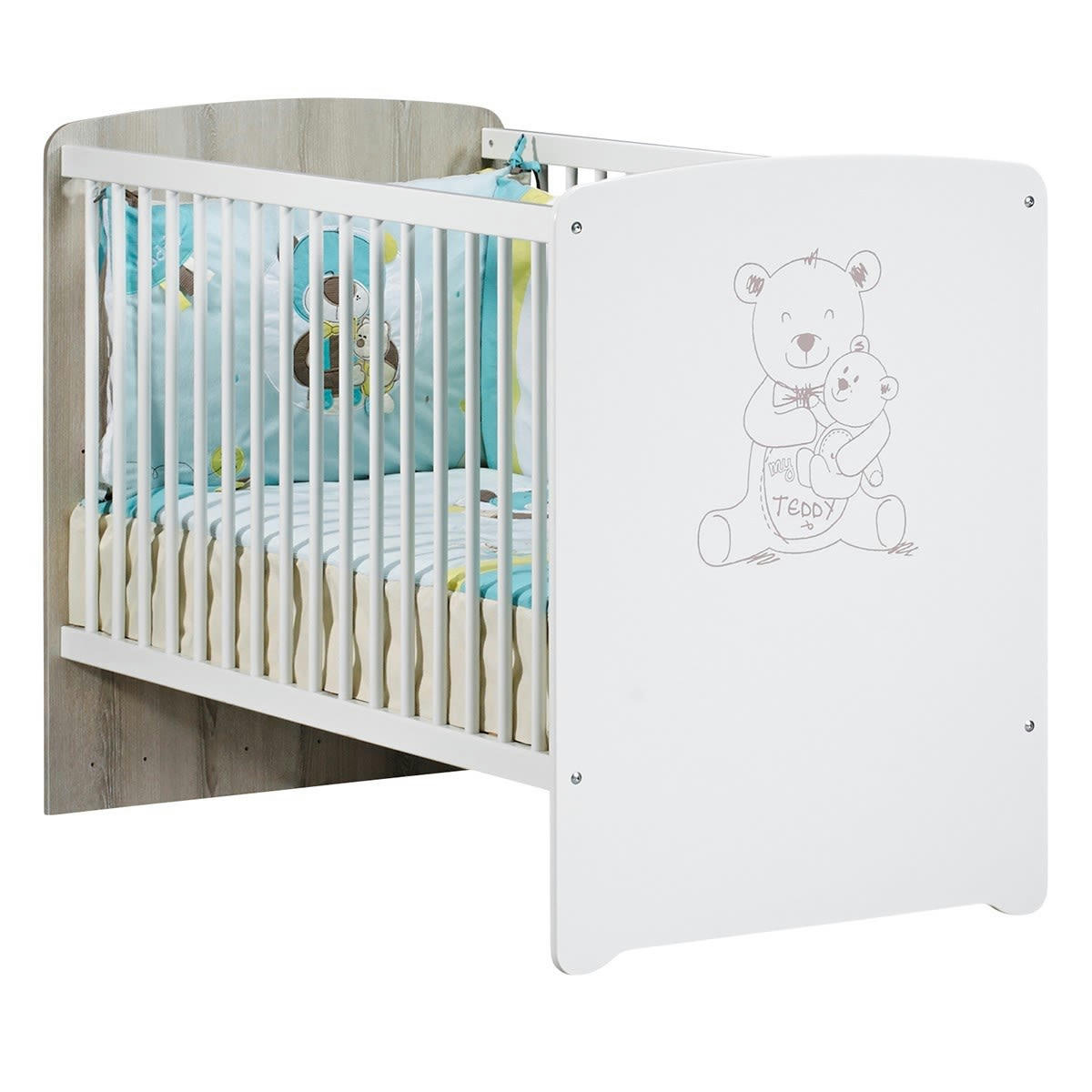 TEDDY - Lit bébé 120x60 sérigraphié taupe en bois blanc