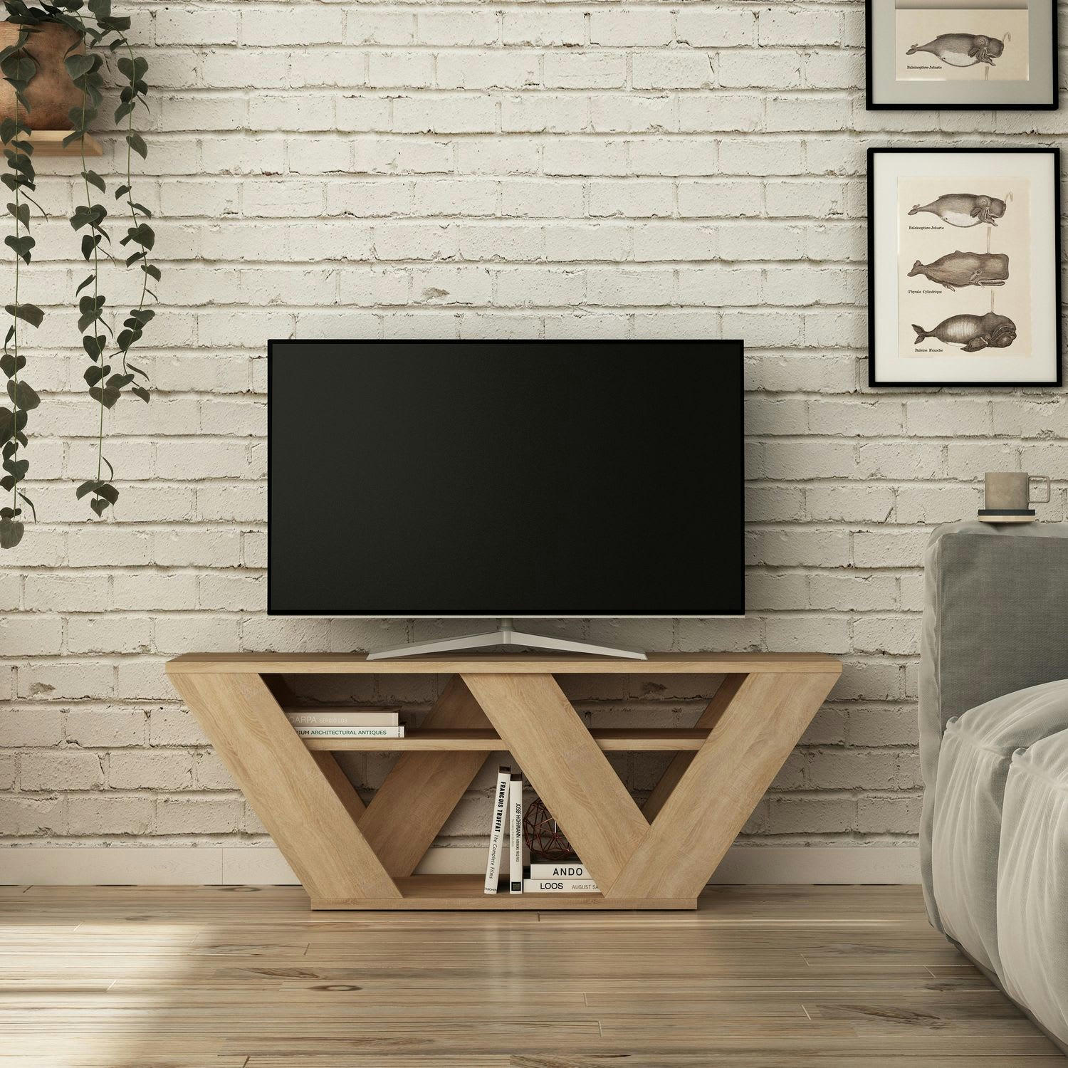 PRIPRALLA - Meuble TV design L. 110 x H. 40 cm marron chêne