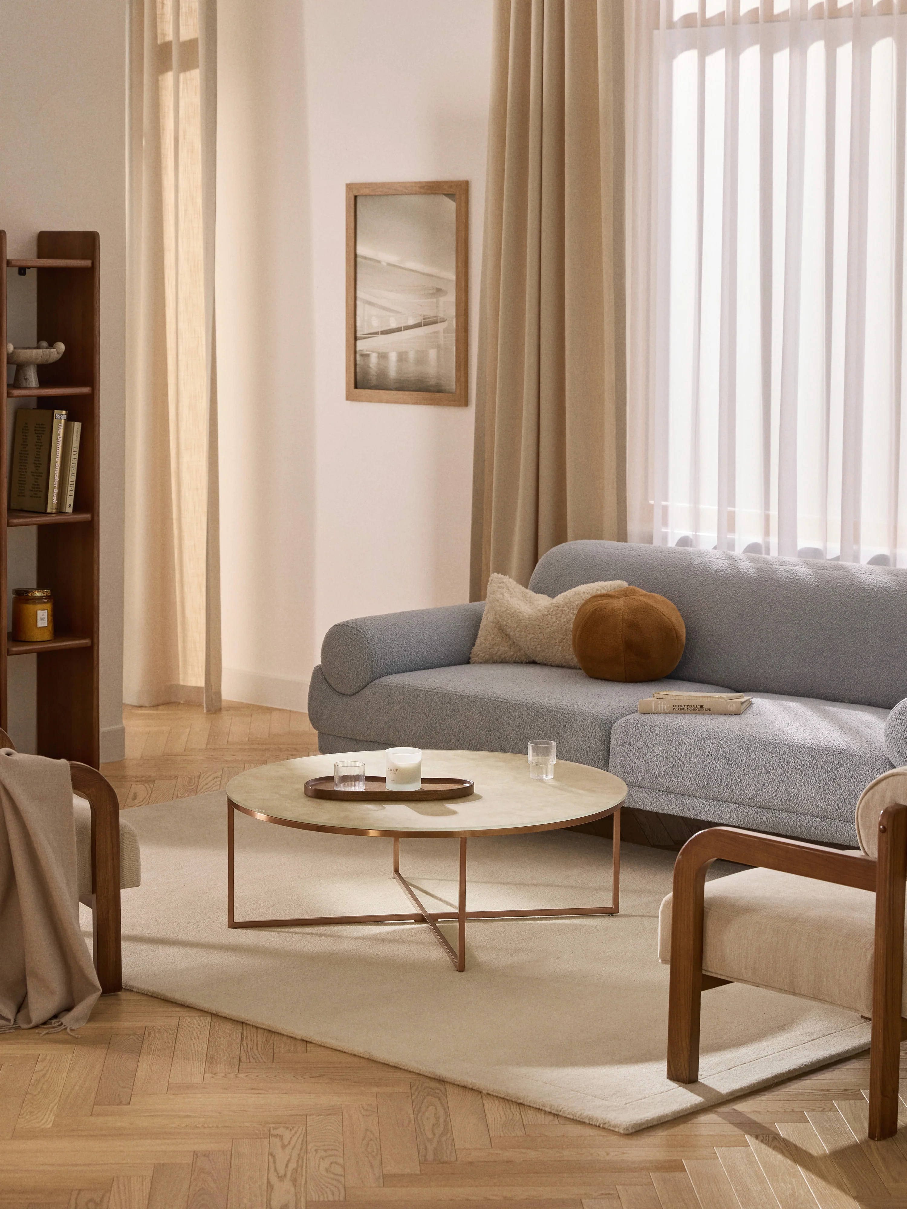 Runder XL-Couchtisch Antigua mit Glasplatte in Marmor-Optik