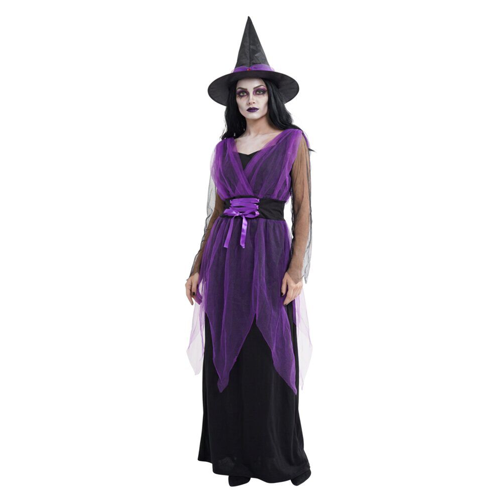 Déguisement Halloween femme robe sorcière avec chapeau noir et violet taille S