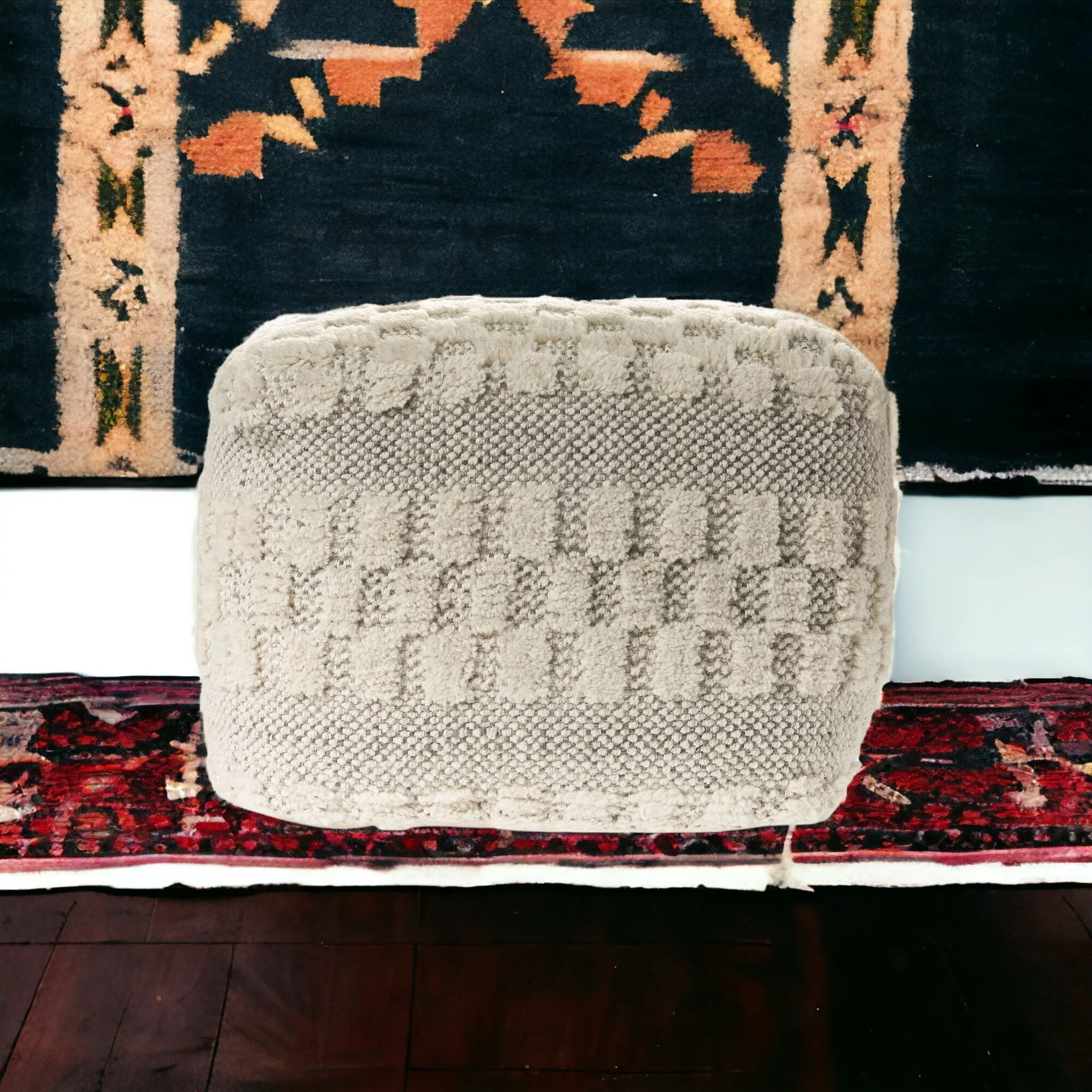 18 Modern Beige Wool Pouf Geometric Pattern Ottoman Square Floor Seat with Zipper Closure