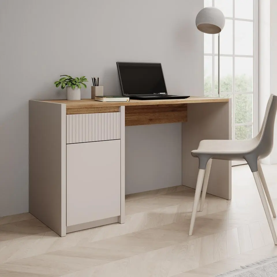 Meubella - Lynwood - Bureau - Eikenpatroon/Beige - 130x52x72 cm