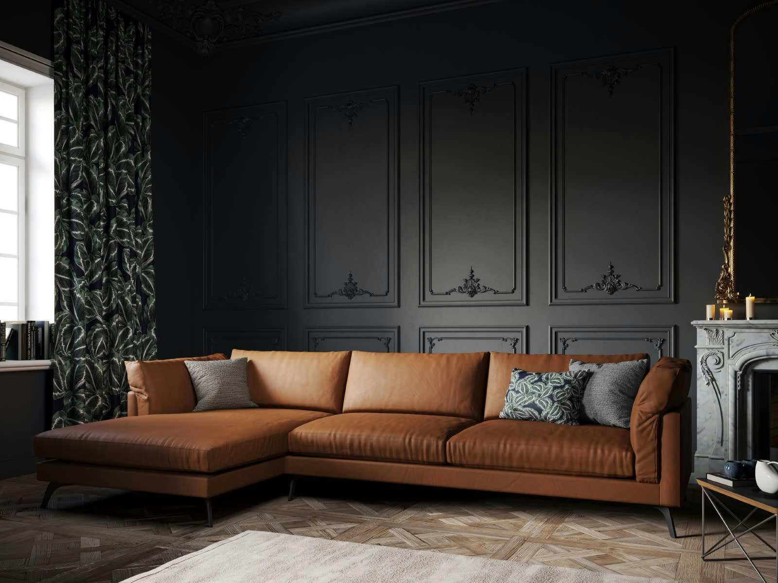 CAMILLE - Canapé D'Angle Gauche 5 places en Cuir Véritable Marron