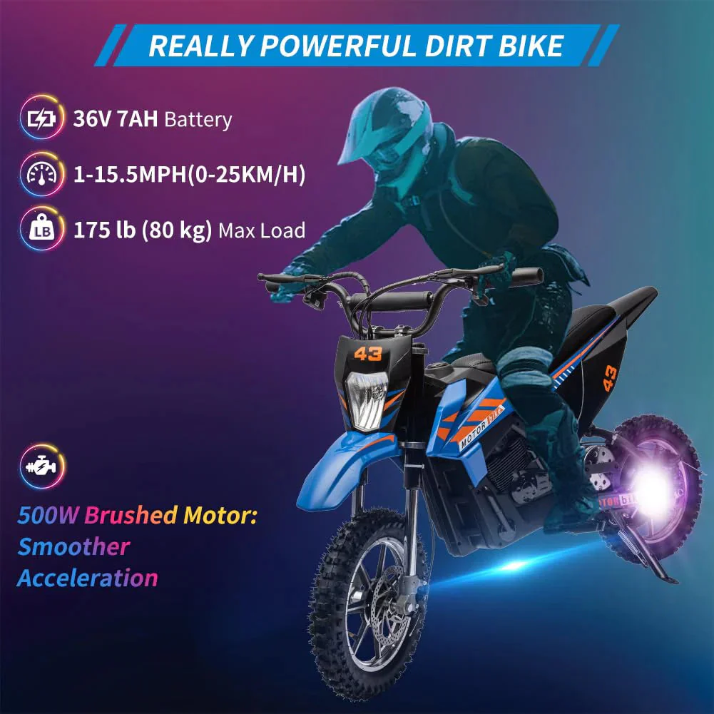 36V Kids Electric Dirt Bike, 36V, 350W, 15.5MPH, LED, 175lbs Max �C Blue