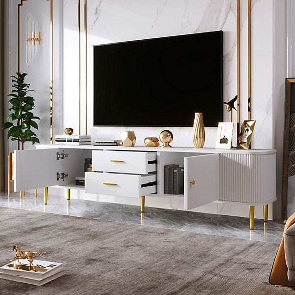 Meuble TV 170x34x45cm - Armoire avec 2 tiroirs et 2 portes, avec côtés ondulés, poignées et pieds dorés - en MDF blanc