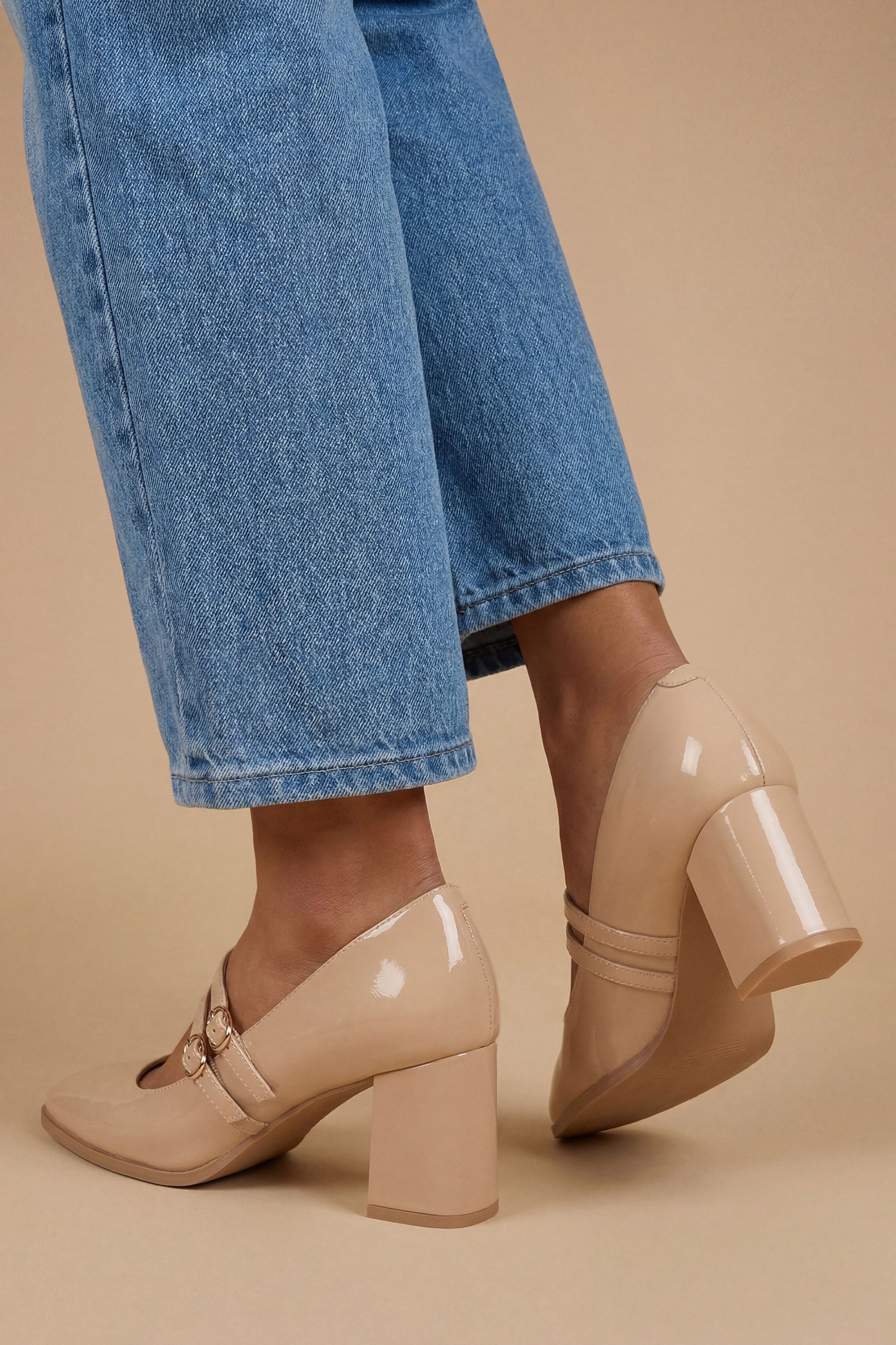 Oasis Gemma Faux Patent Leather Medium Block Heel Mary Janes