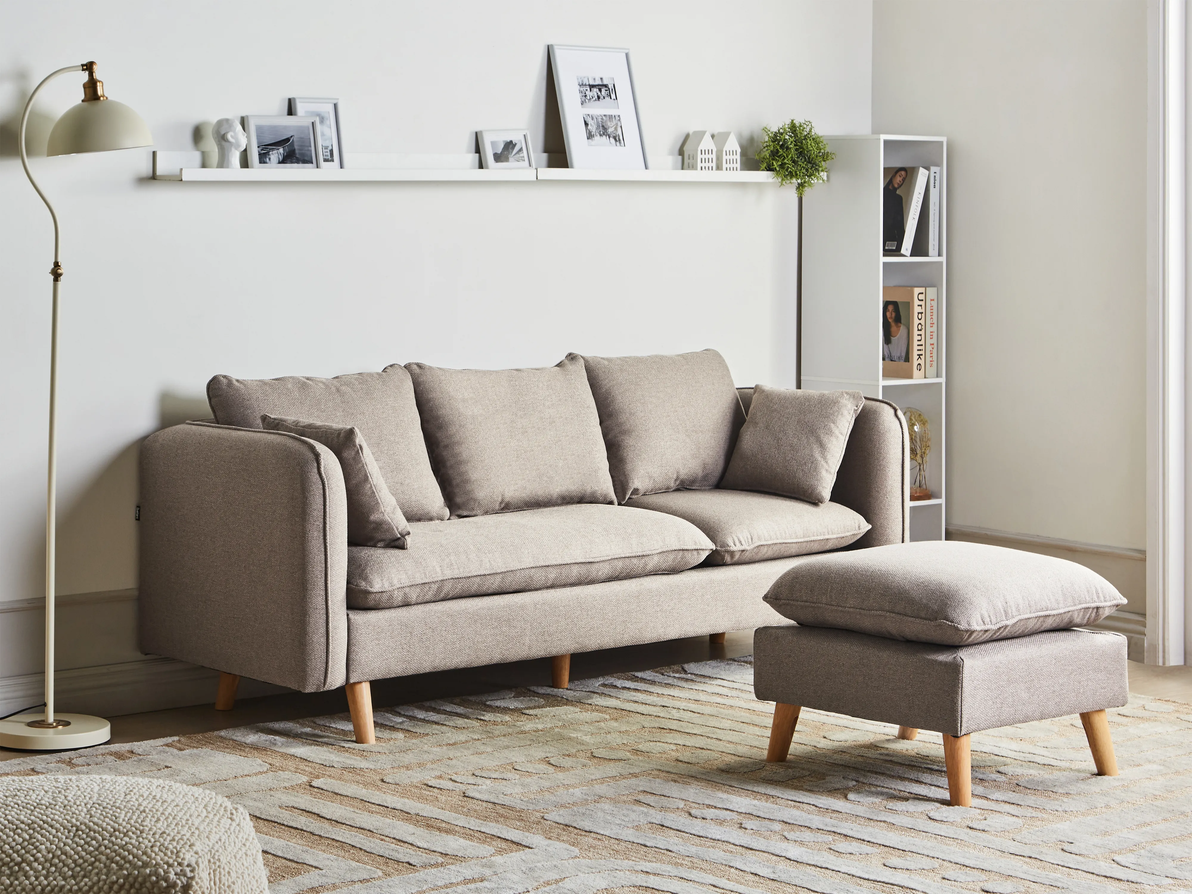 Sofa 3 Seater DALVIK Fabric Light Brown with Ottoman