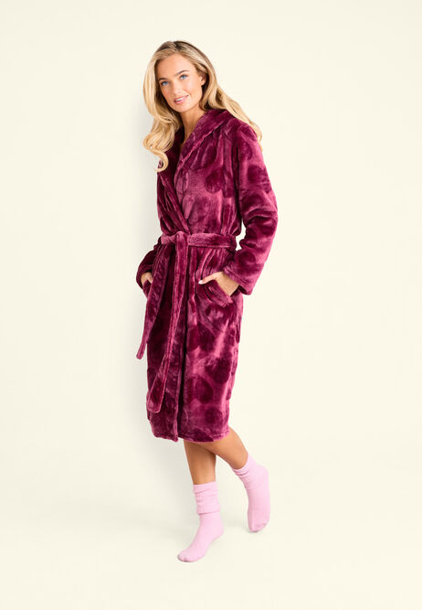 Womens Burgundy Heart Fleece Dressing Gown