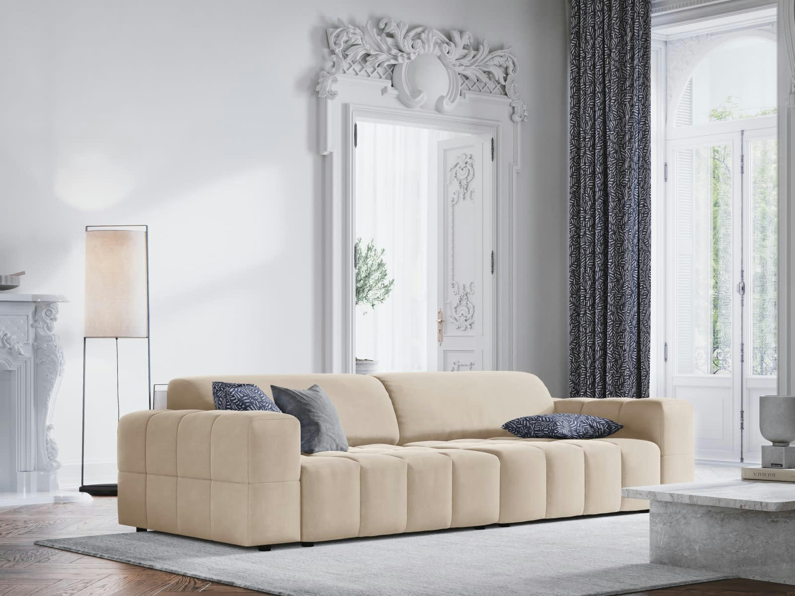 LUC - Canapé 4 places en tissu velours beige clair