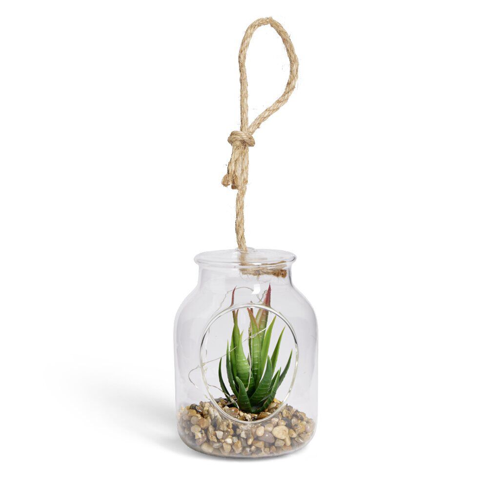 Pot en verre LED avec plante grasse artificielle Ø11,5xH15,5cm