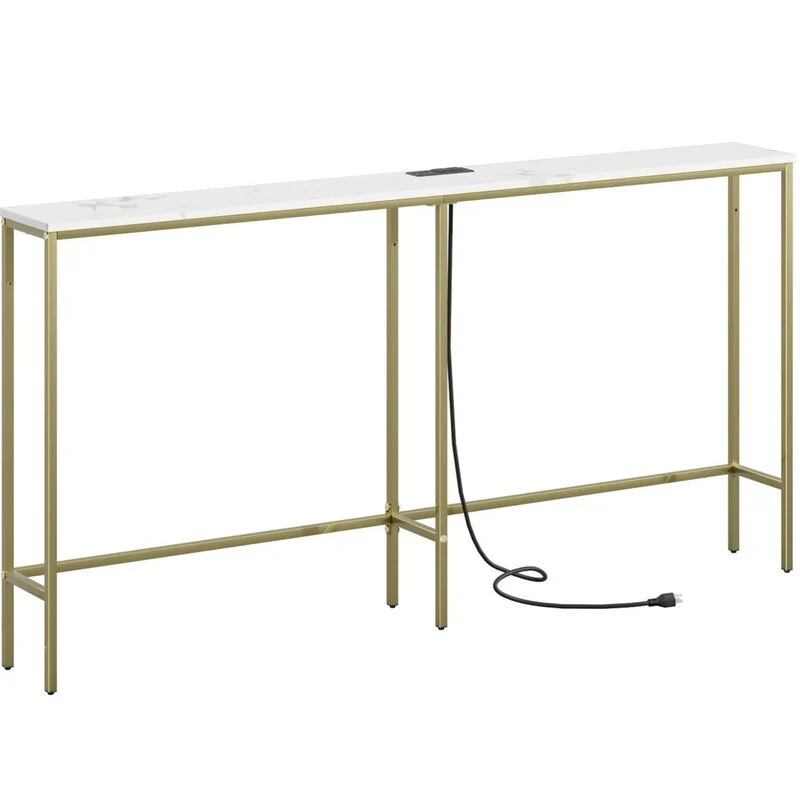 63-Inch Dresser with Electrical Outlet, Sofa Postmodern Narrow Long Sofa Table, Metal Frame Slim Entryway Table