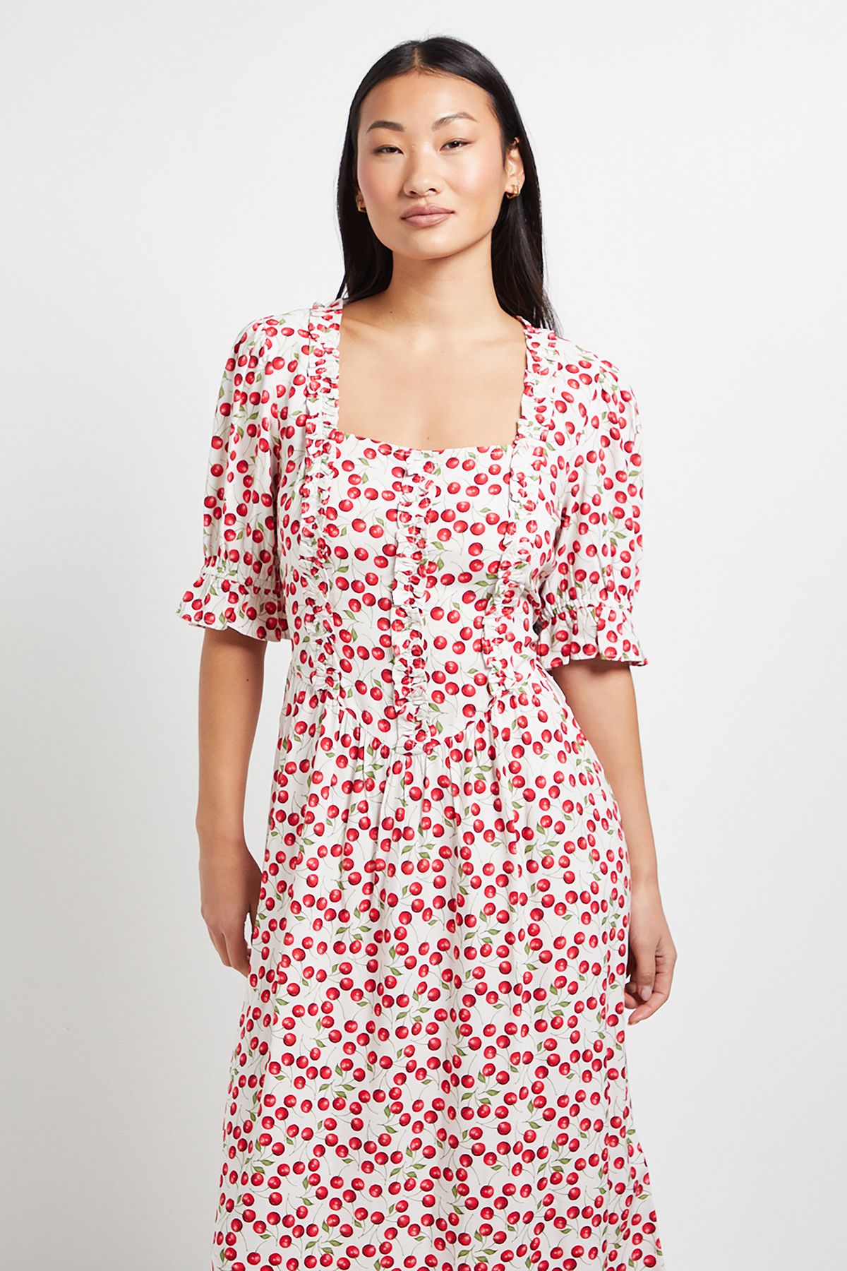 Dorothy Perkins Petite Cherry Print Square Neck Frill Detail Puff Sleeve Midi Dress
