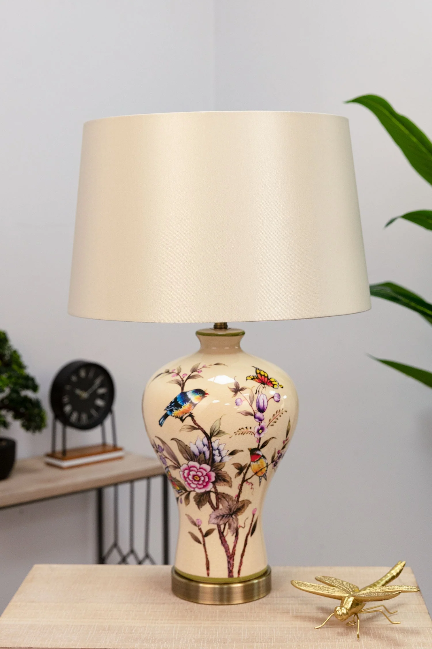 Ceramic Lamp with Floral and Bird Design