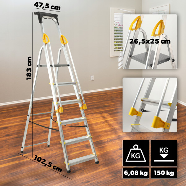 Kadax Drabina Domowa Aluminiowa 6 Stopni   Poręcze