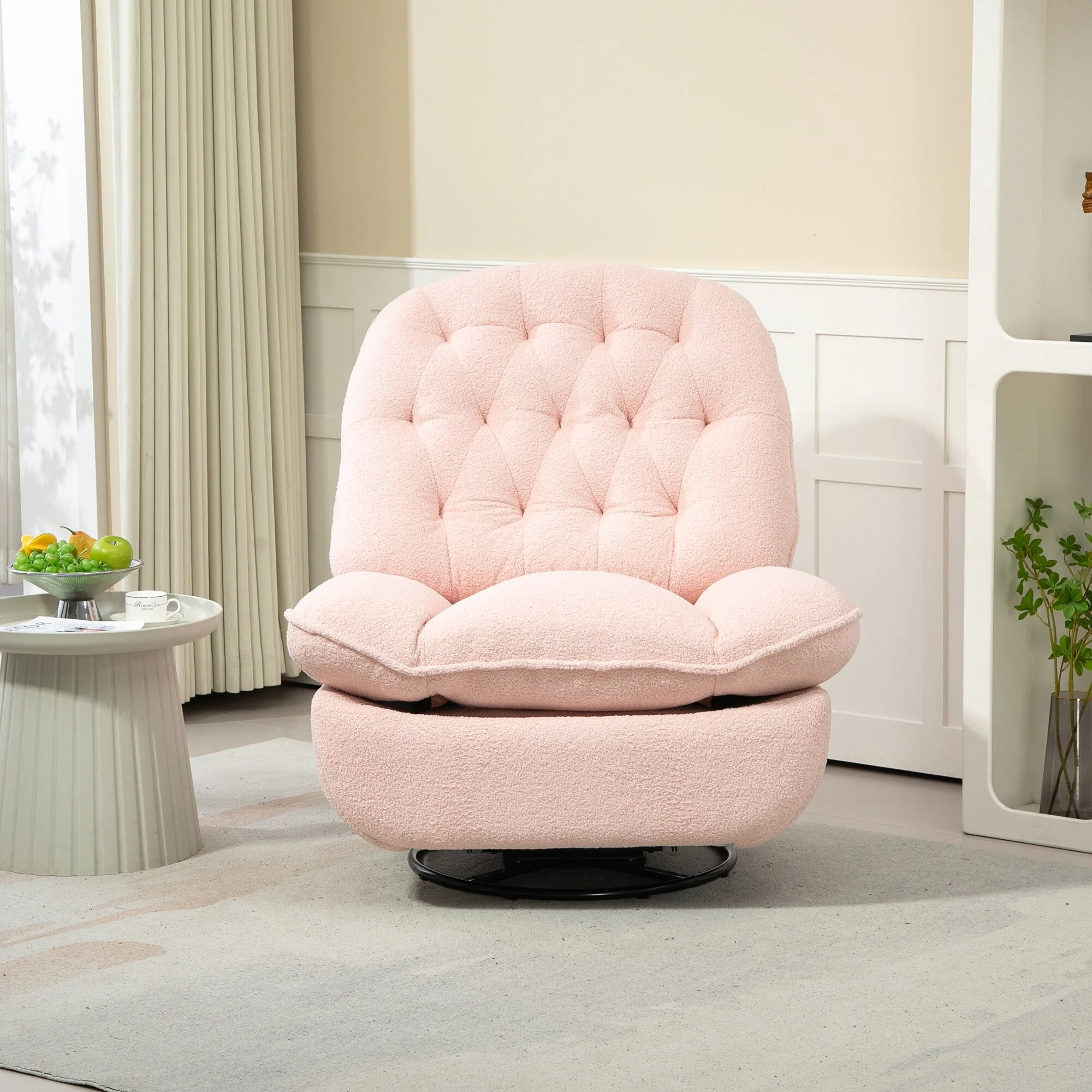 Pink Oversized Chenille Upholstered 360° Swivel Glider Rocking Manual Recliner with Extended Footrest and Tufted Back