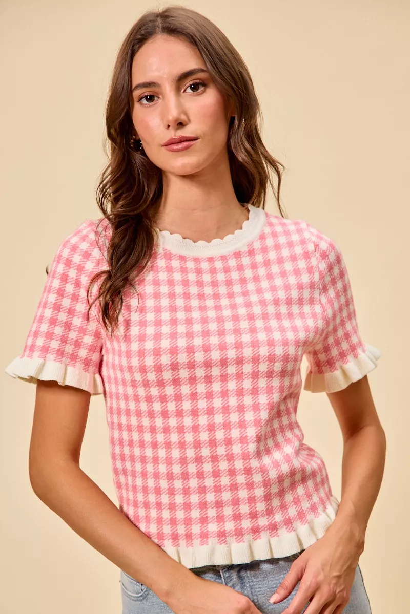 Gingham Knit Ruffled Short Sleeves Sweater Top