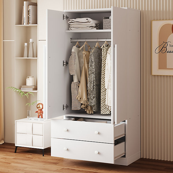 Armoire 70x40x170 cm à portes doubles, 2 tiroirs et étagères, finition blanche laquée, style contemporain