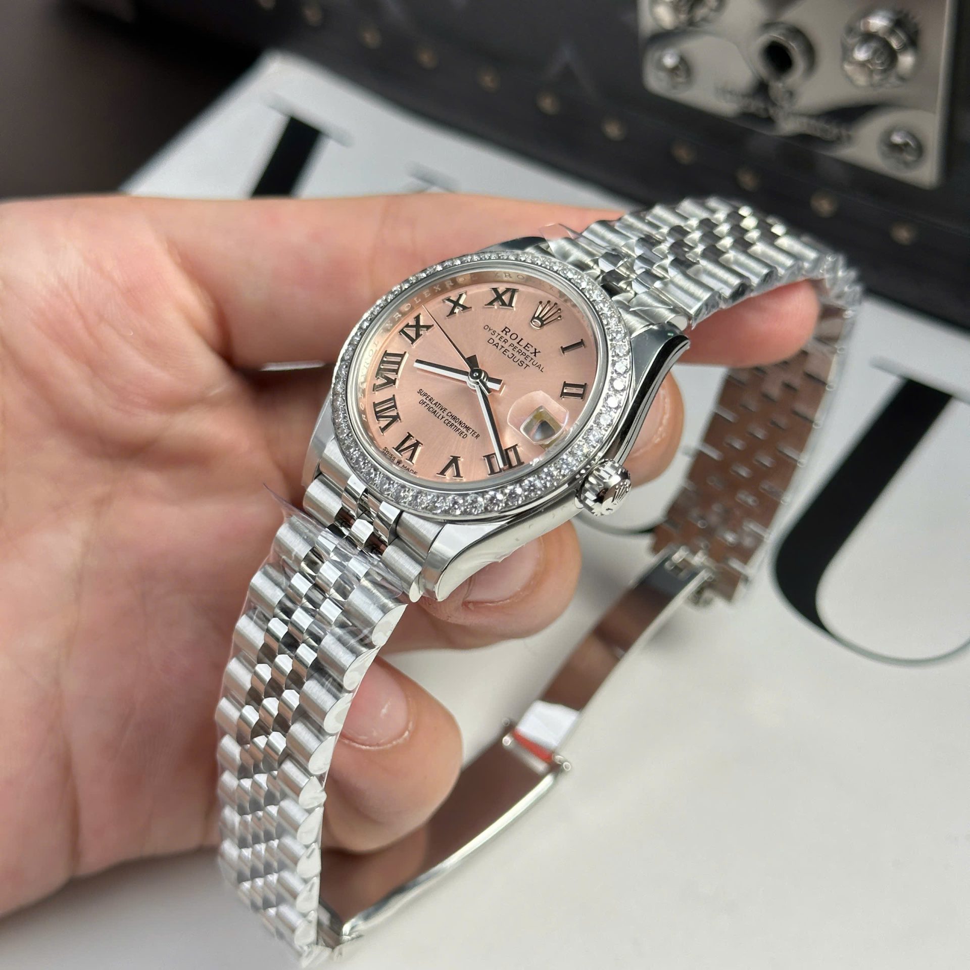 Rolex Datejust 316L Steel Pink Roman Dial Bezel Diamonds 31mm Jub THBF Replica