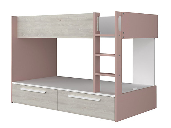 Lits superposés 2 x 90 x 200 cm - 2 tiroirs - Rose, naturel et blanc   Matelas - TINOLI