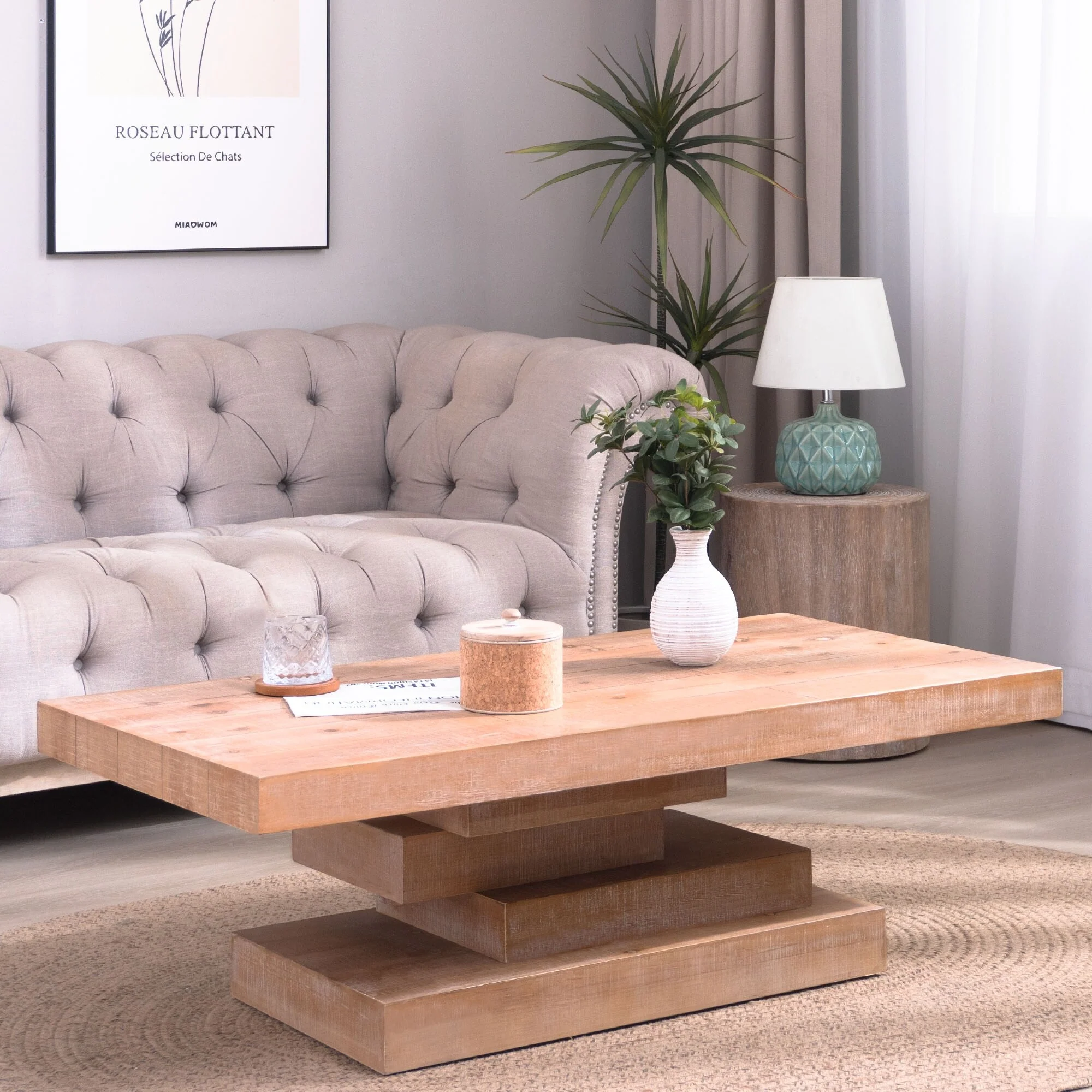 Modern Farmhouse Coffee Table with Rustic Wood Block Base‌ – Rectangular Center Table for Living Room, Blending Contemporary .