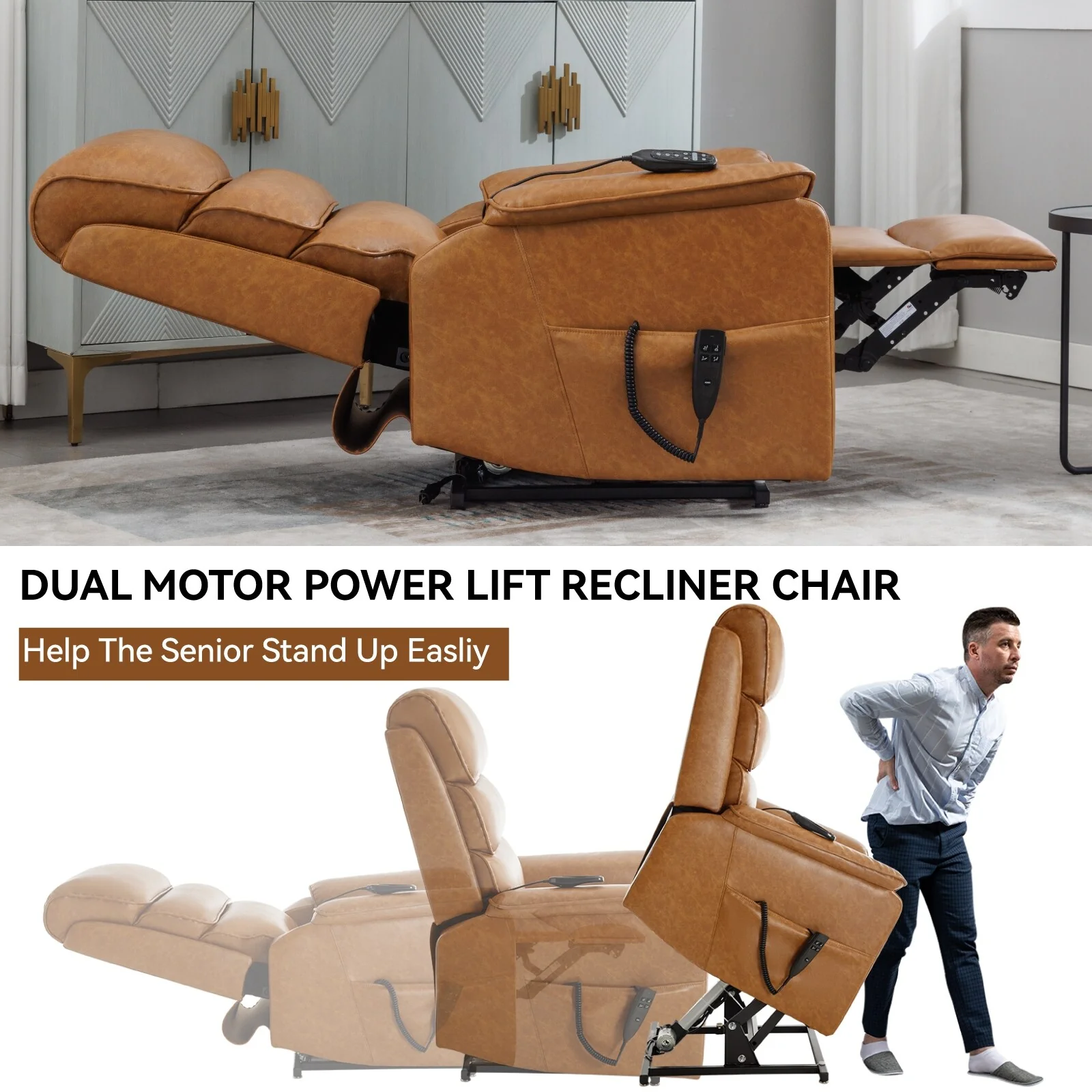 Dual Motor Power Lift Recliner Chair with Massage and Heat - Cat-Proof Leather, Electric Recline, Remote Control
