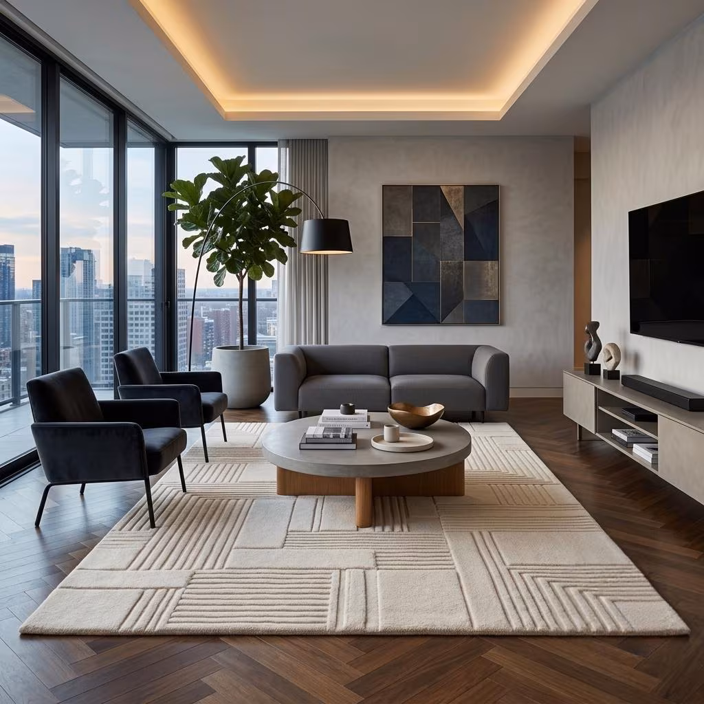 Hand Tufted Wool Rug - Modern Cream Area Rug, Textured Abstract Geometric Carpet, Custom Large Living Room Rug, Luxury Soft Backing Rug