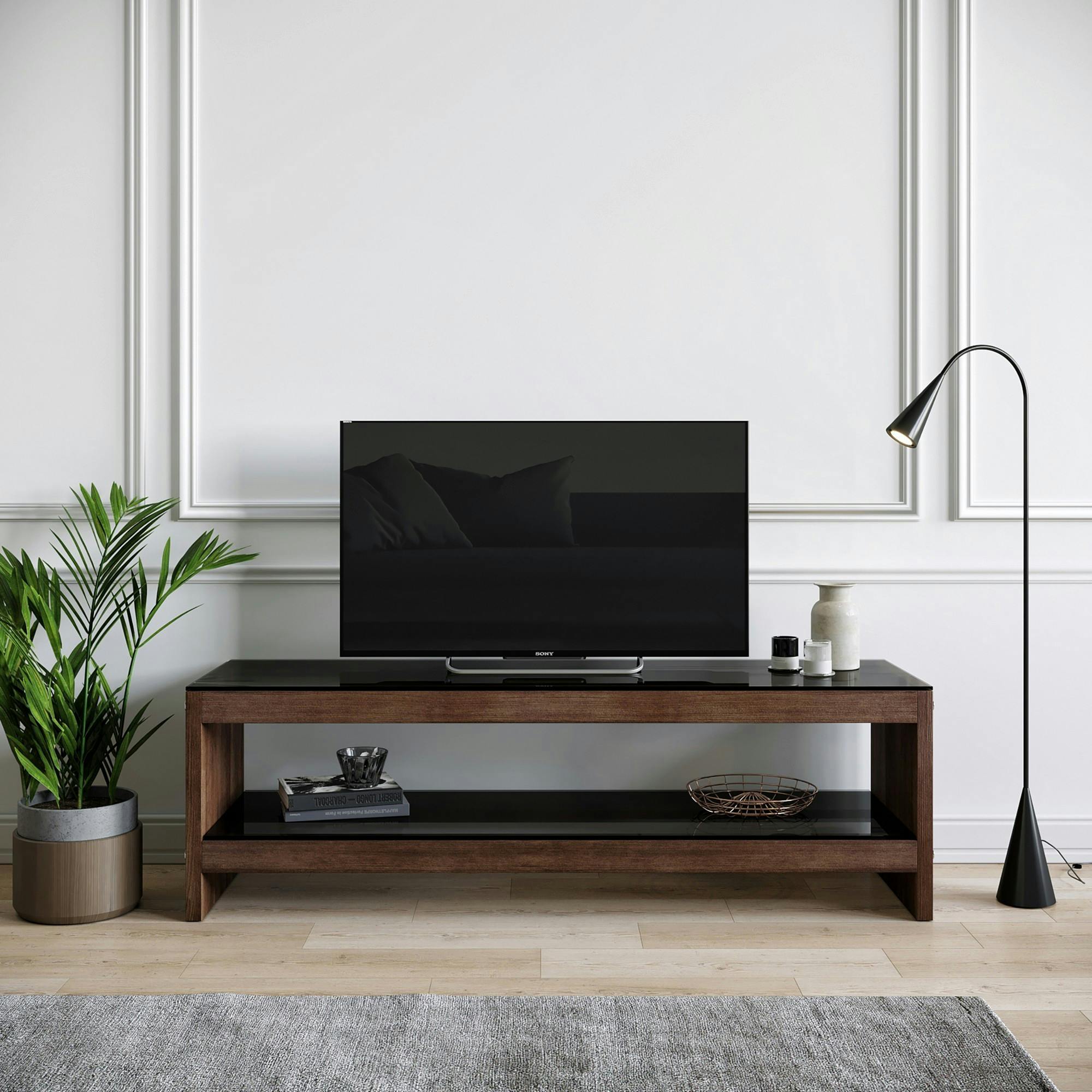 Meuble TV en bois brun et verre fumé - LHASA