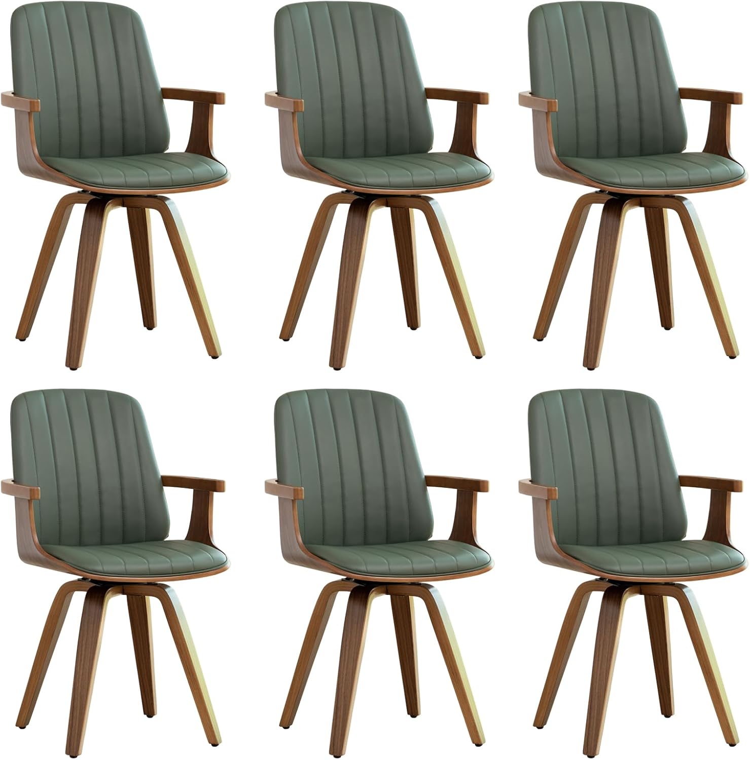 WUPOTO MCM Dining Chairs, Set of 6 Mid Century Modern Chairs with Walnut Craftsmanship, Upholstered Faux Leather, Wooden Arms and Legs, Faux Leather Dining Chairs for Kitchen/Living Room - Green