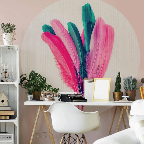 Vliestapete »Runde Vliestapete«, Kubistika Feder Rosa Boho Deko, mehrfarbig, matt