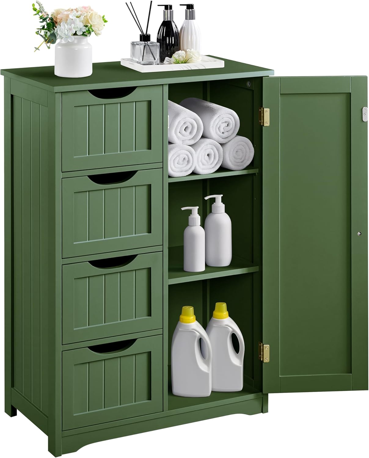 Yaheetech Wooden Bathroom Floor Cabinet, Side Storage Organizer Cabinet with 4 Drawers and 1 Cupboard, Freestanding Entryway Storage Unit Console Table, Bathroom Furniture Home Decor, Green