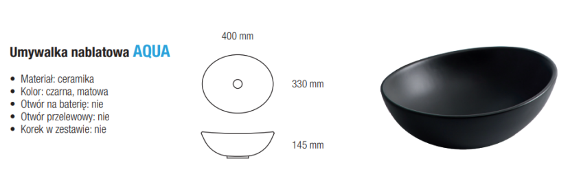 Umywalka Nablatowa Ceramiczna Owalna Czarna Aqua