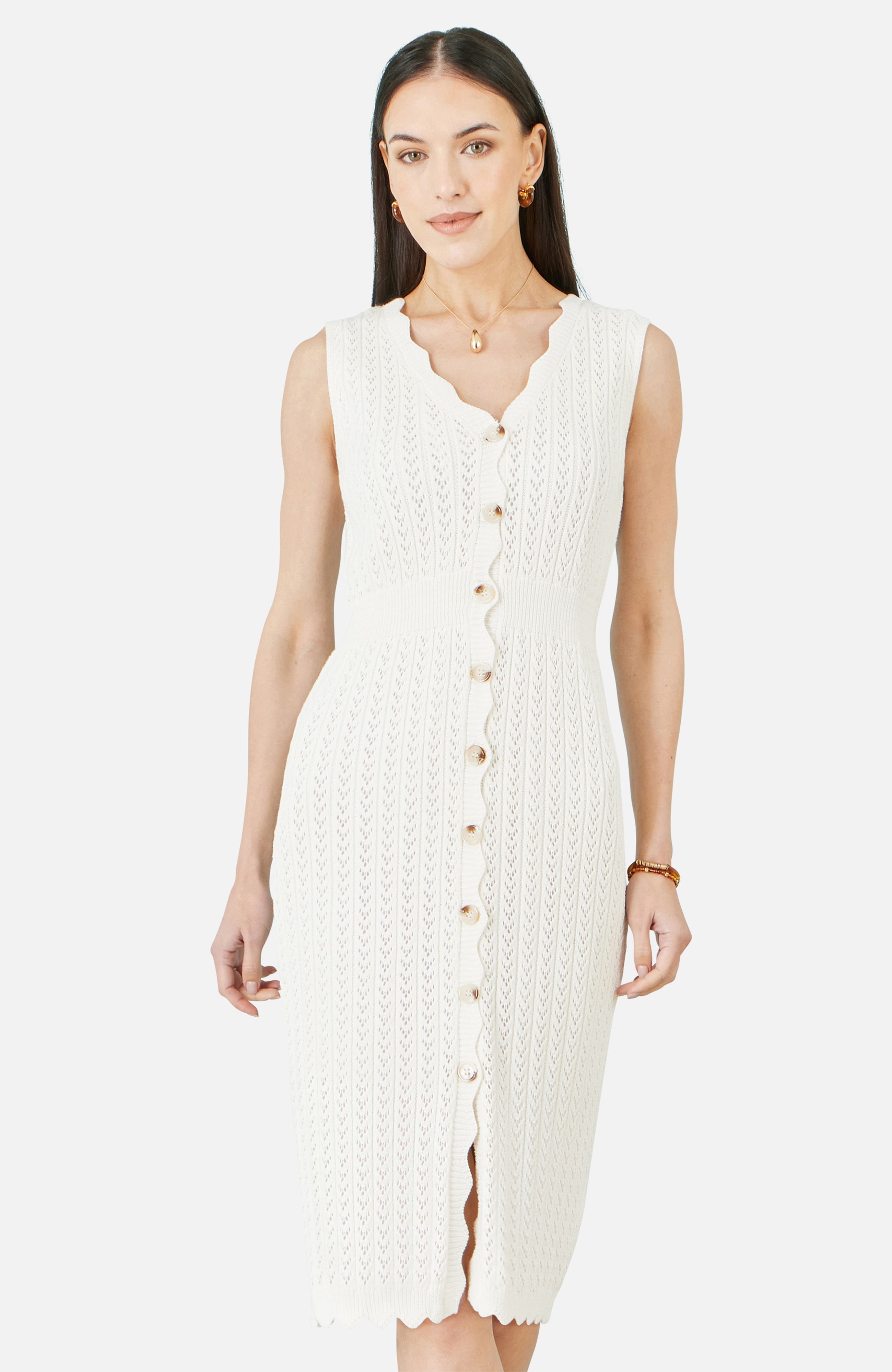 Yumi Ivory Cotton Scallop Crochet Knitted Dress