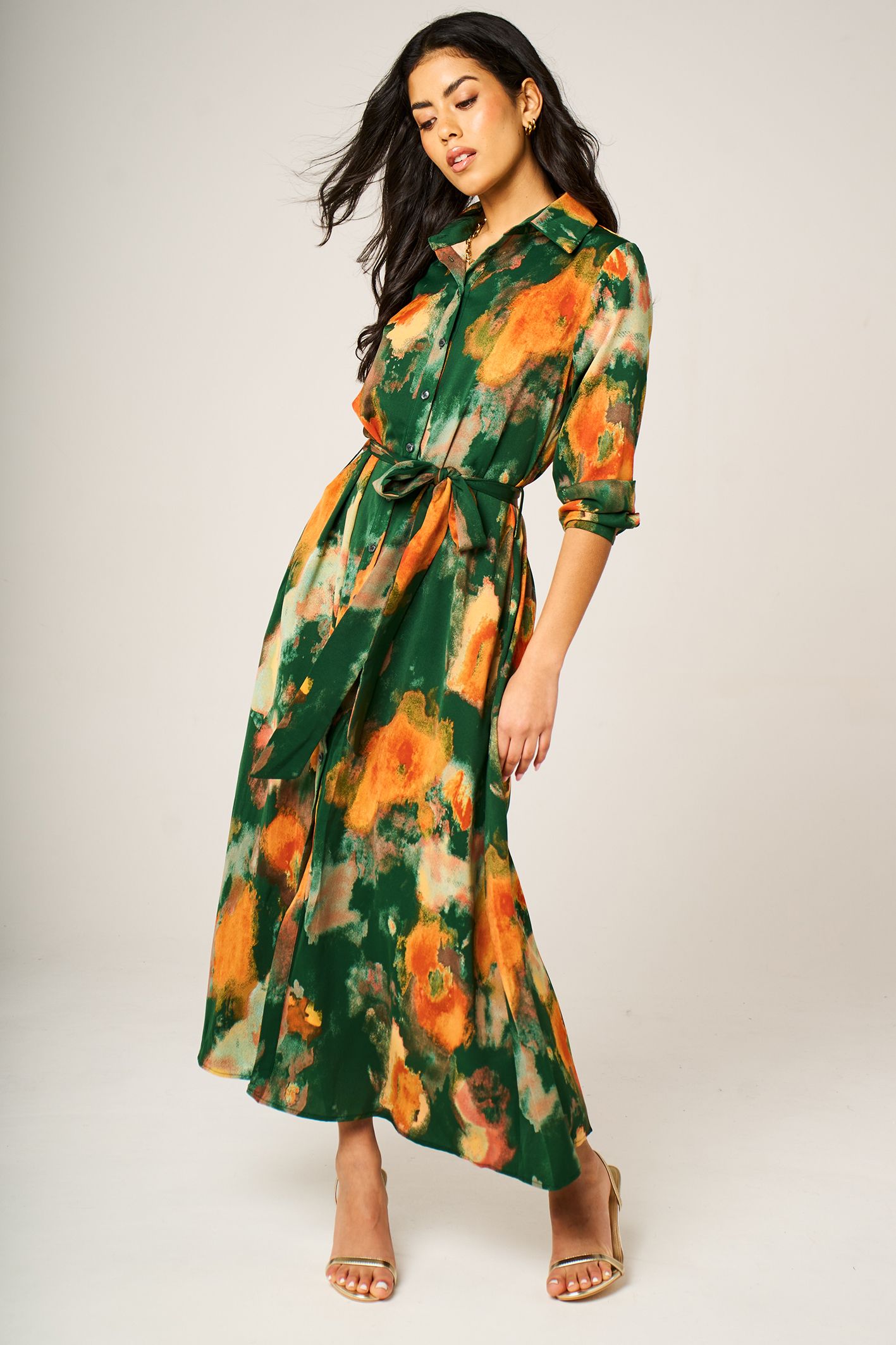 FS Collection Green Abstract Print Shirt Collar Belted Midi Dress