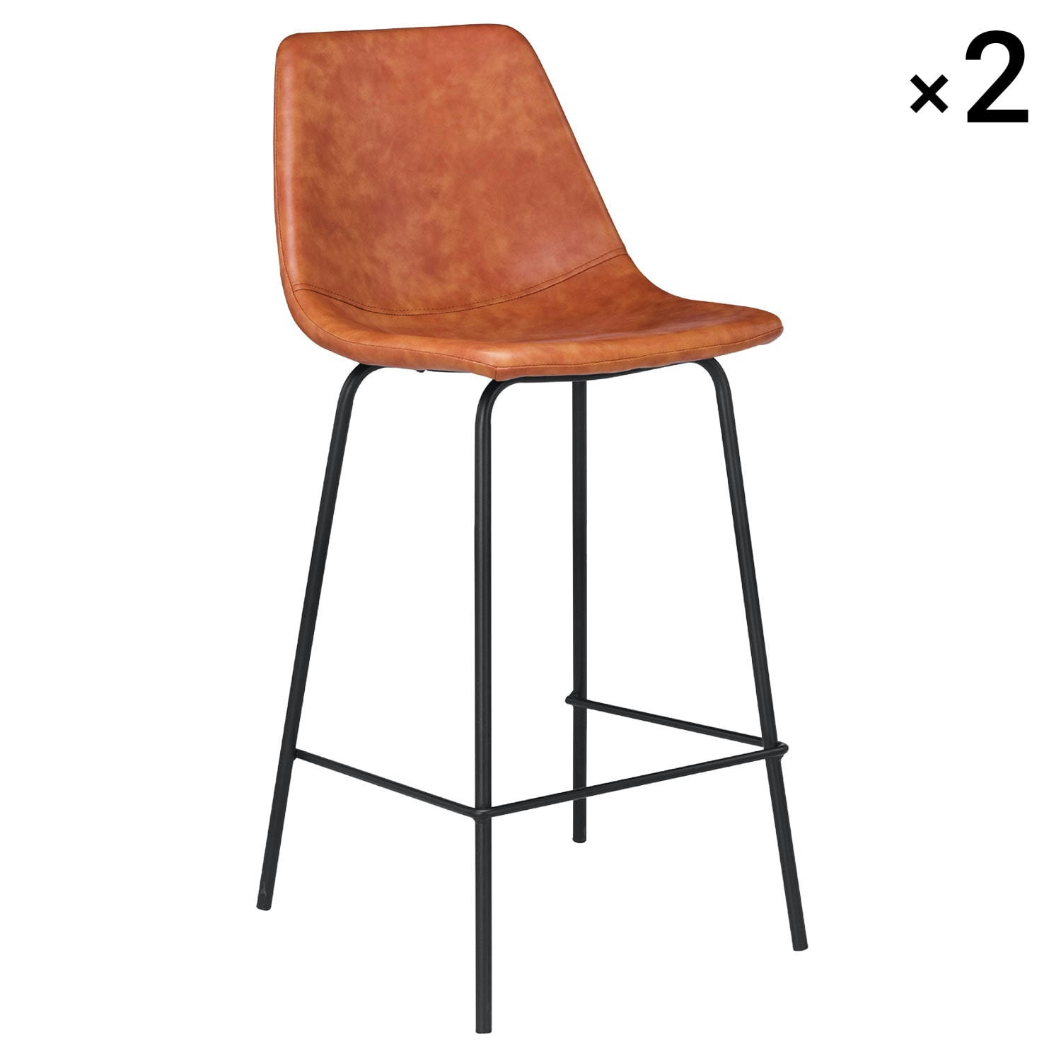 LUCIEN - Lot de 2 tabourets de bar vintage 65cm en simili cuir cognac