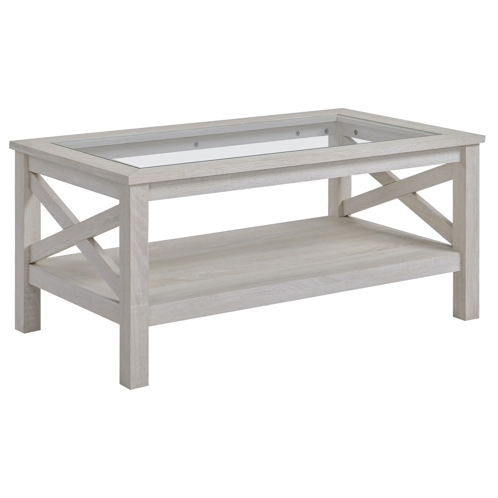HOMCOM Traditional Coffee Table with Wood Frame, Tempered Glass Tabletop and Underneath Storage Shelf, White Oak