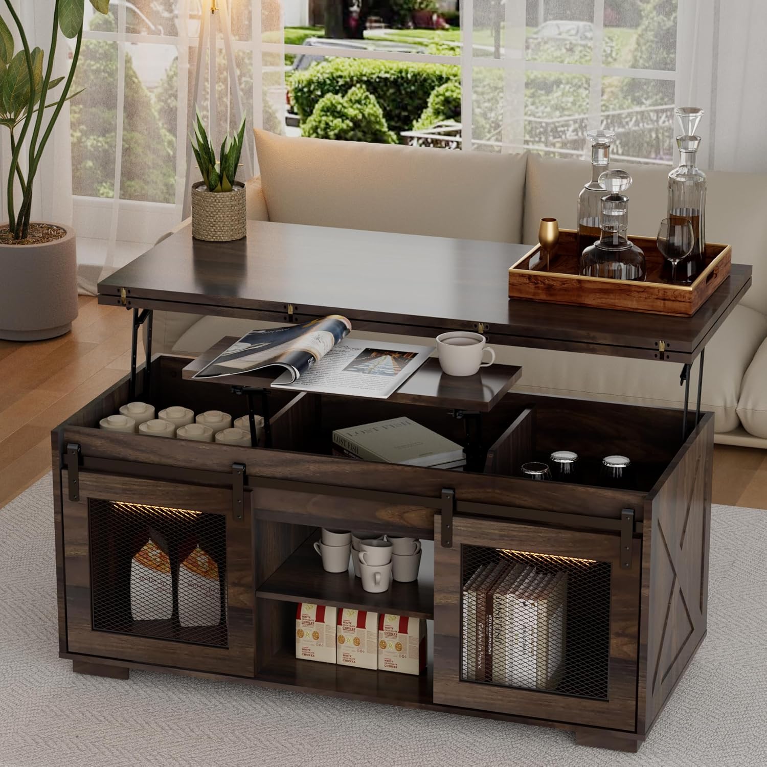 Upgraded Coffee Table with Lifting Top And Sliding Doors, Thick Panels, Industrial Metal Mesh Sides, Dual LED Accent Lights, Large Storage Center farmhouse square Table for Living Room, Dusk Walnut